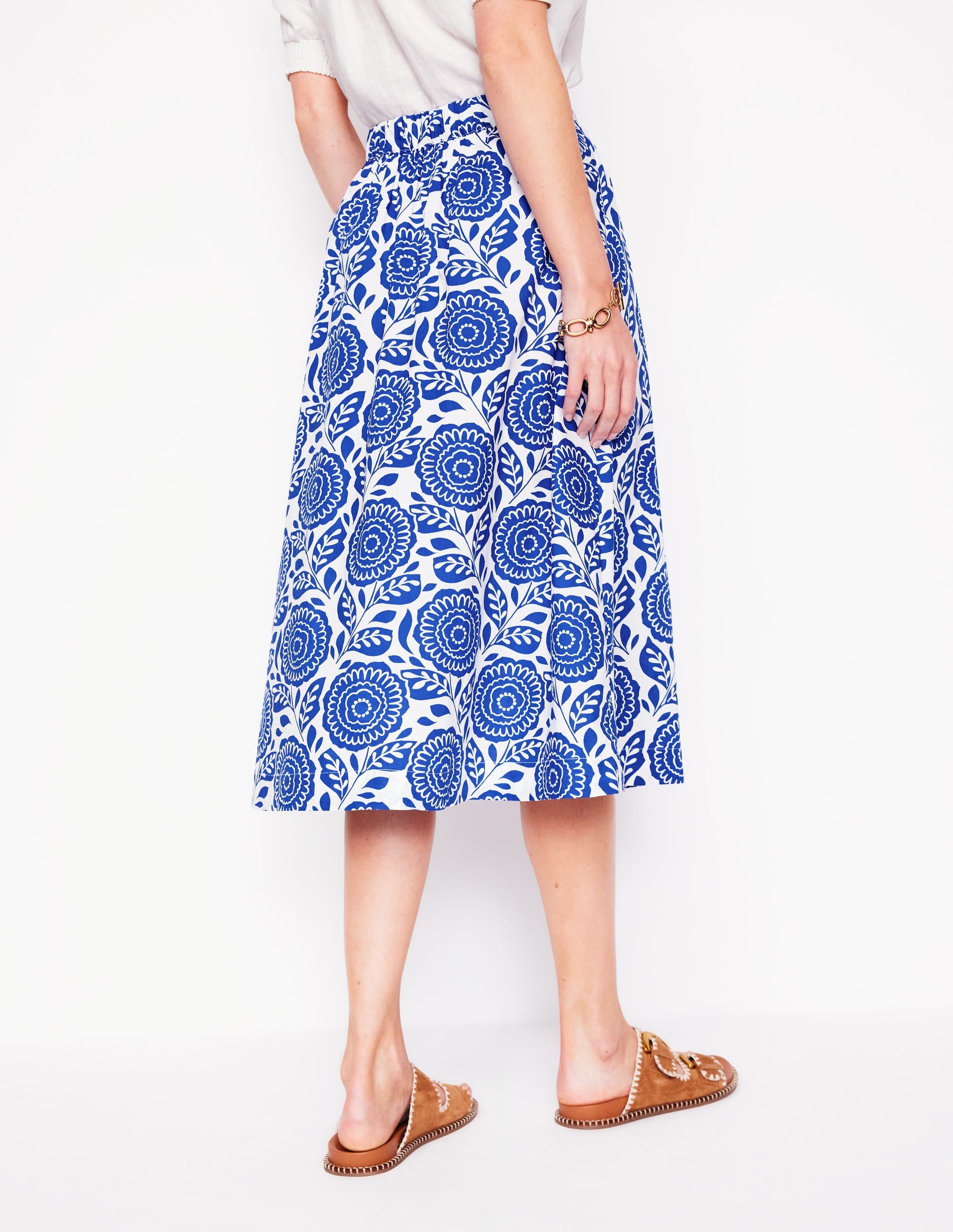 Hattie Poplin Midi Skirt-Bright Blue, Dahlia Stamp - Image 3
