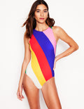 Sporty High Neck Swimsuit-Multi, Rainbow Cascade