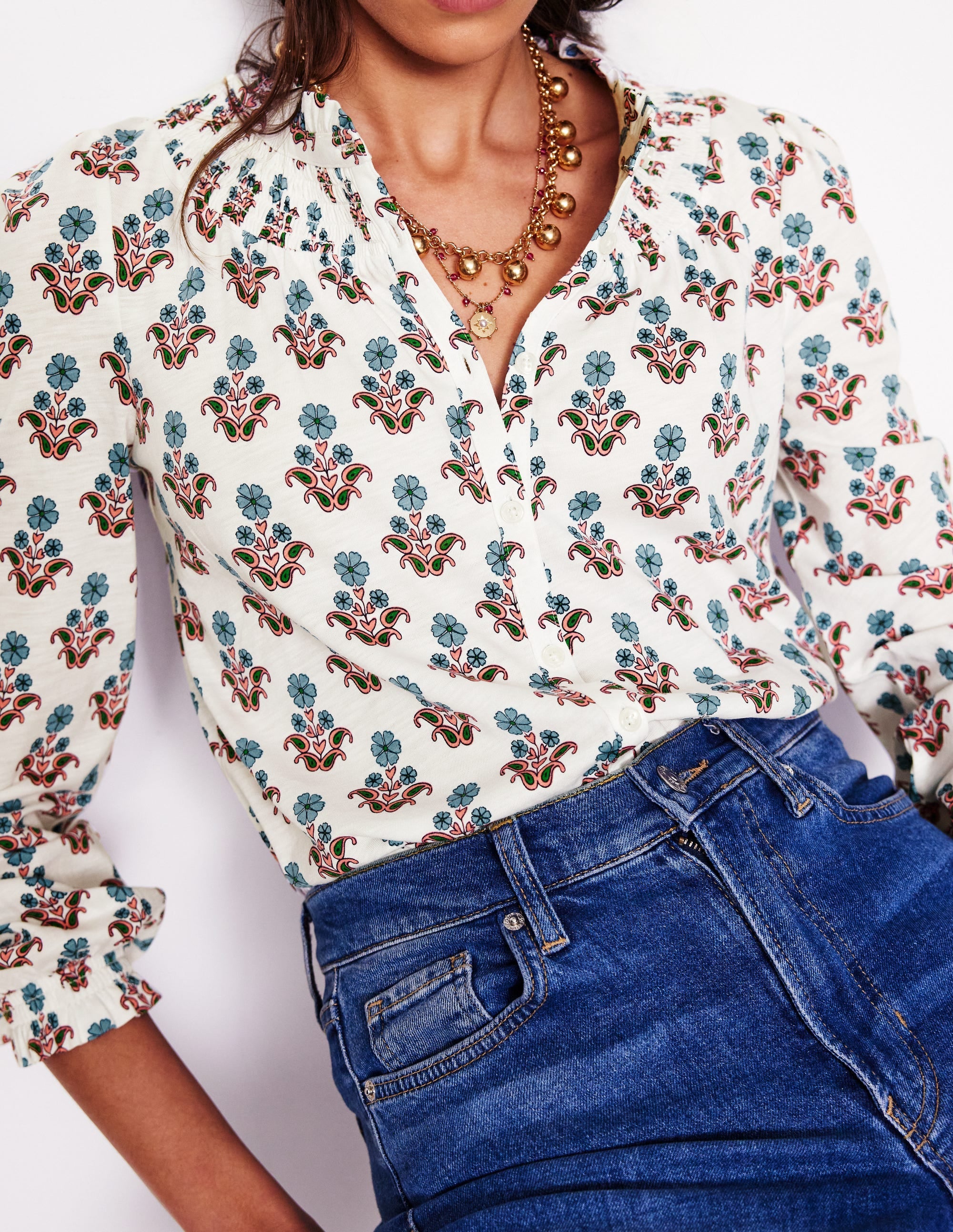 Fay Smocked Jersey Shirt-Ivory Pansy Stamp - Image 2