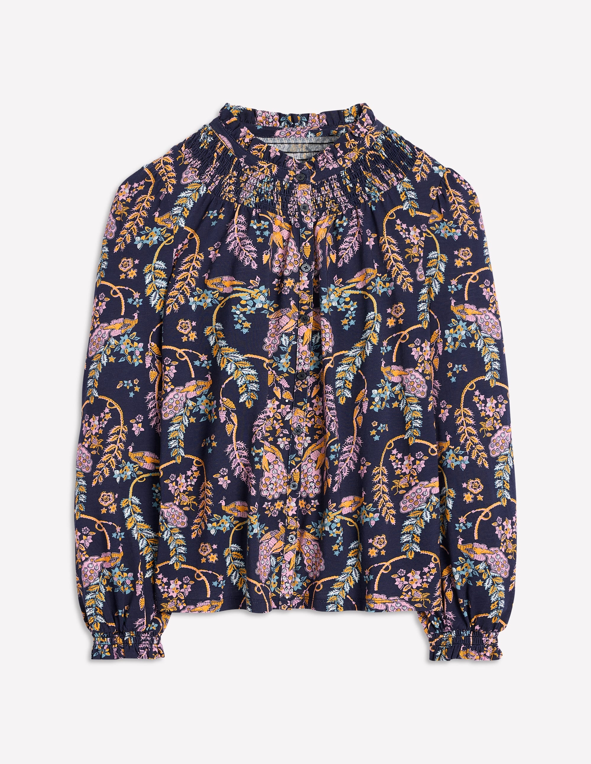 Fay Smocked Jersey Shirt-French Navy,Enchanting Peacock - Image 6