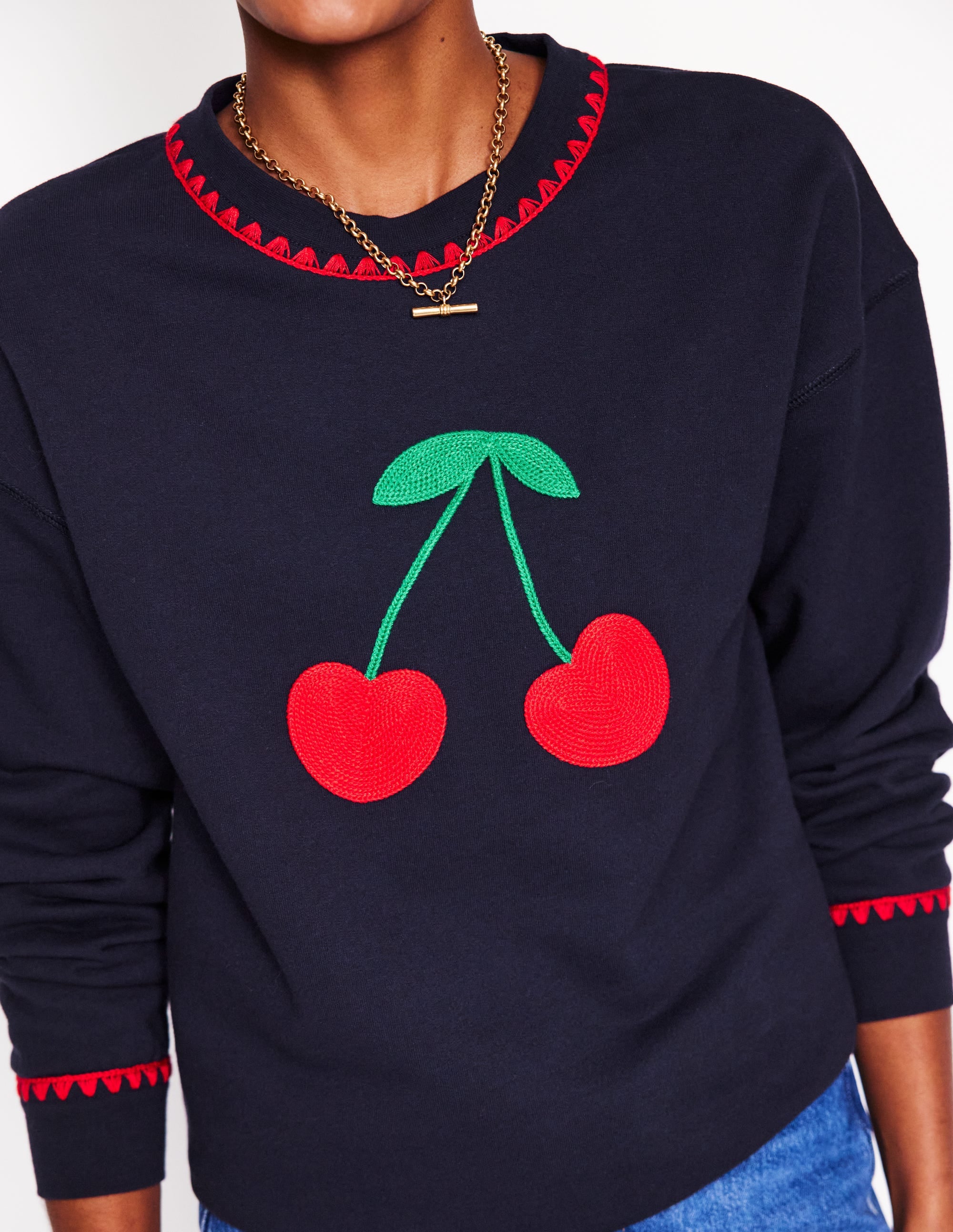 Emi Embroidered Sweatshirt-Navy, Cherries - Image 2
