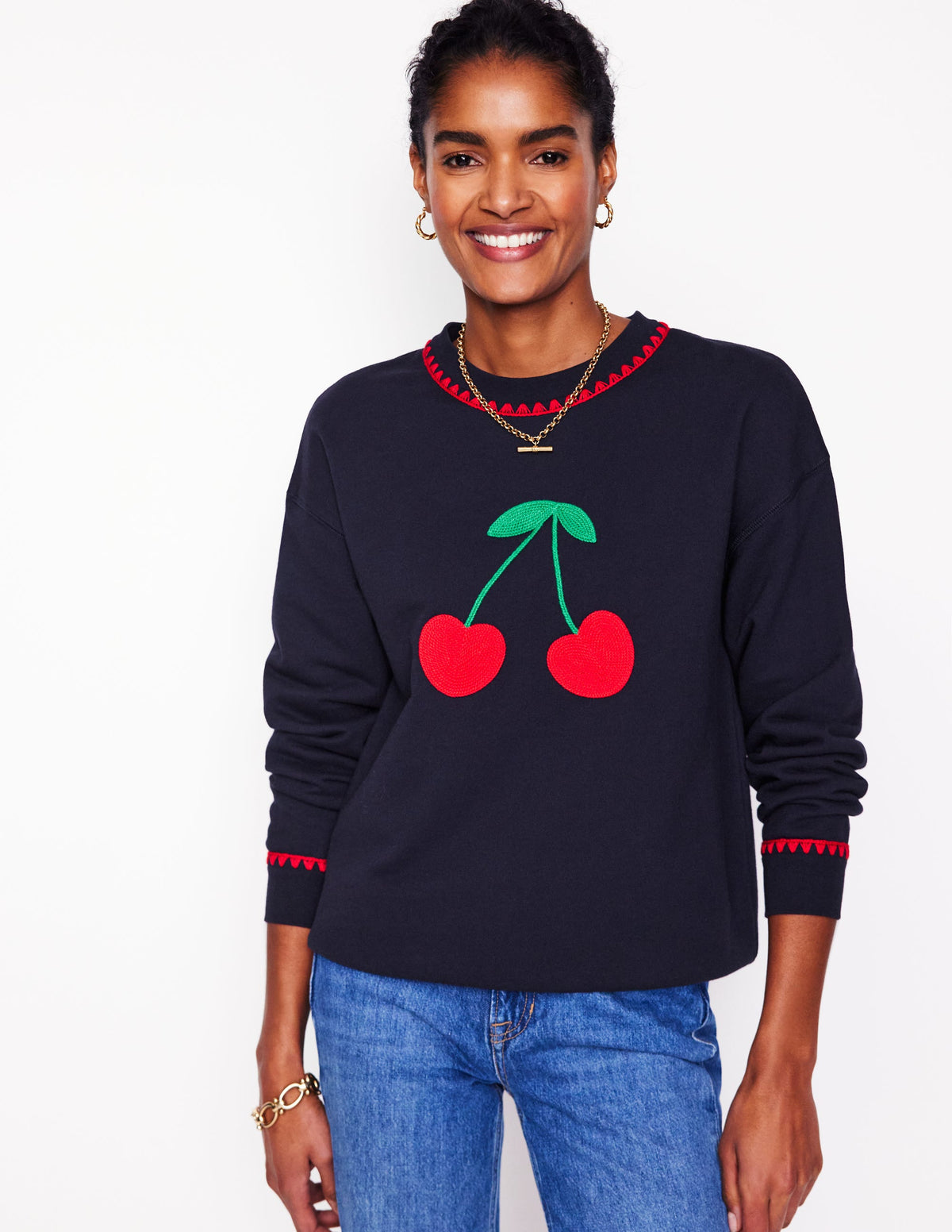 Emi Embroidered Sweatshirt-Navy, Cherries - Image 4