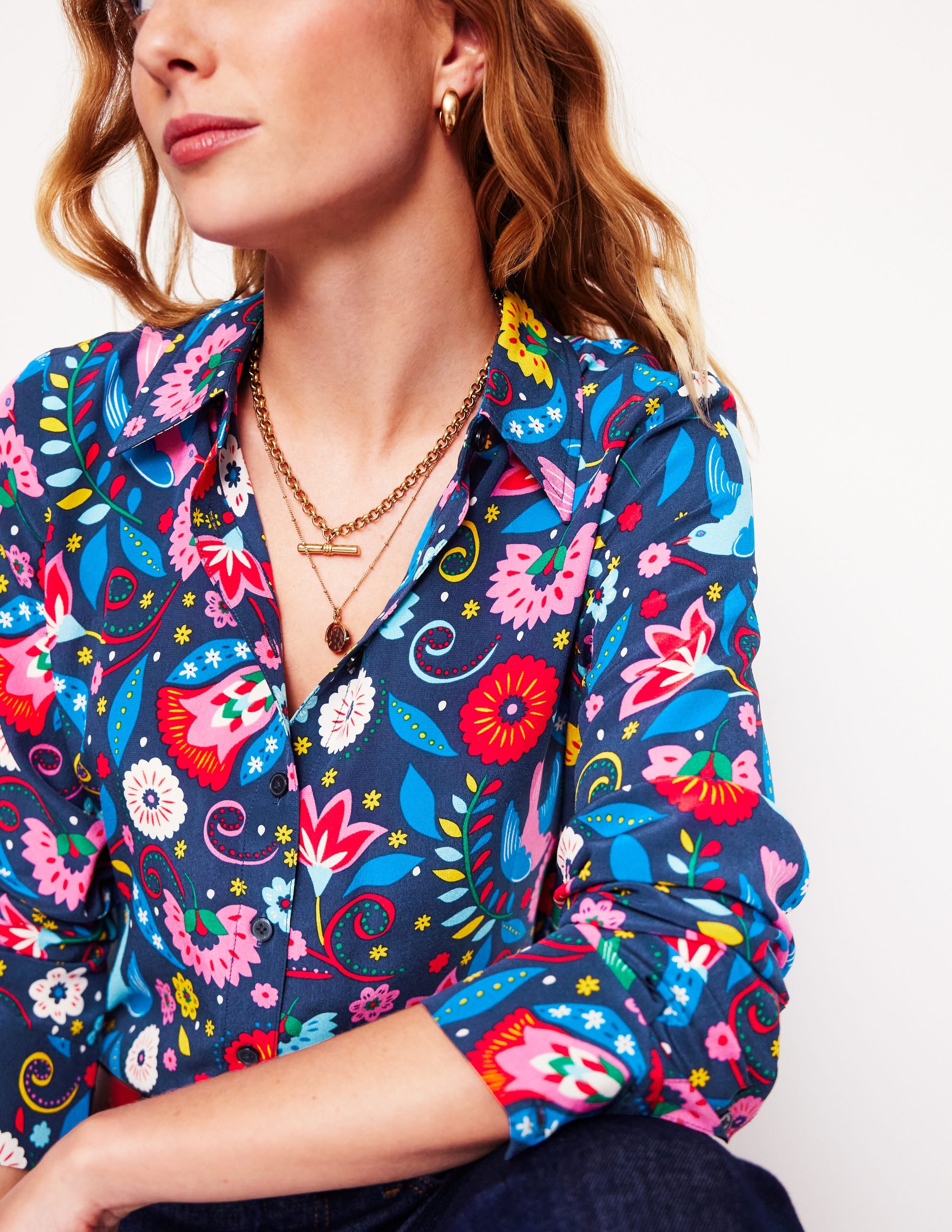 Sienna Silk Shirt-French Navy, Decorative Garden - Image 3