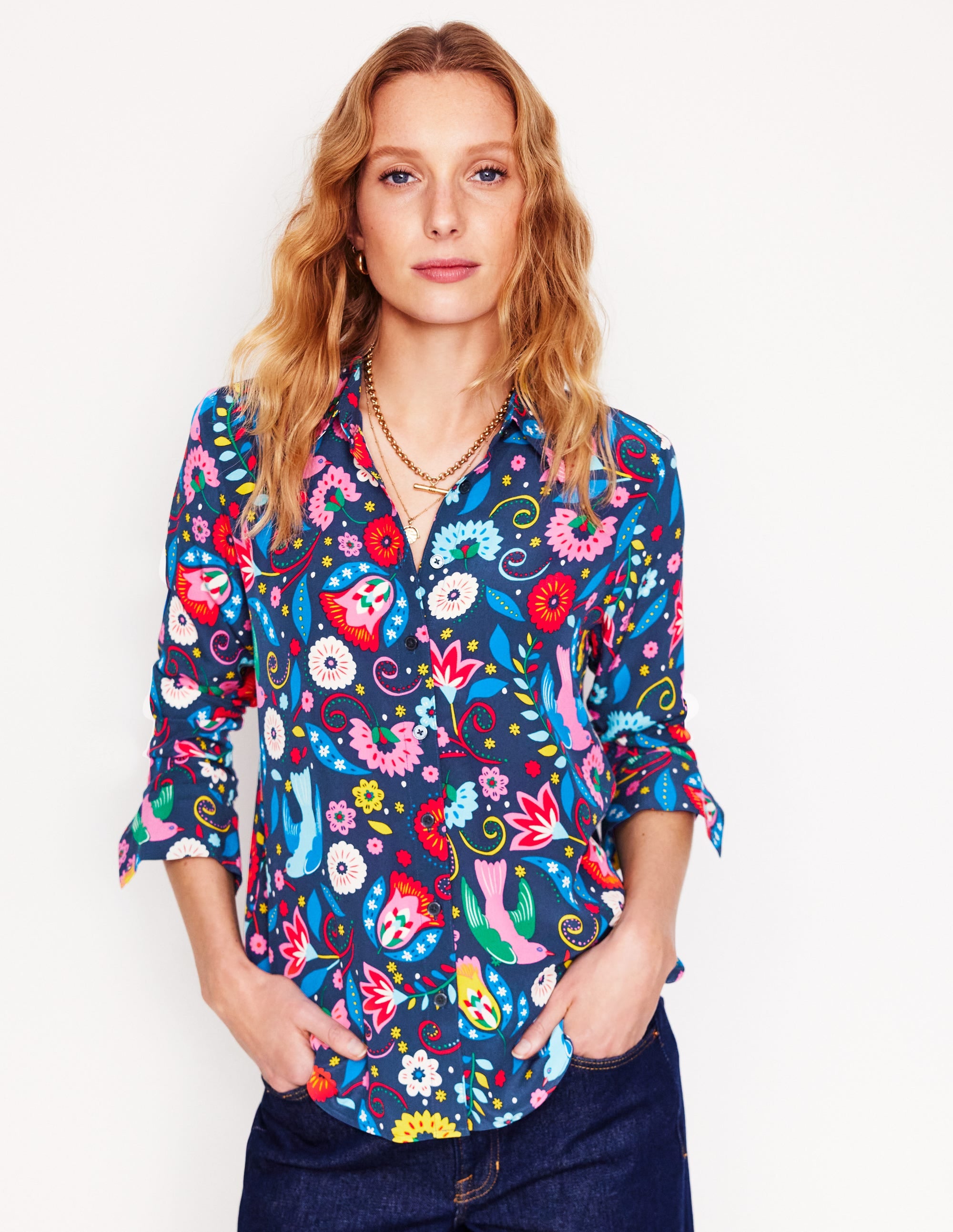 Sienna Silk Shirt-French Navy, Decorative Garden - Image 6