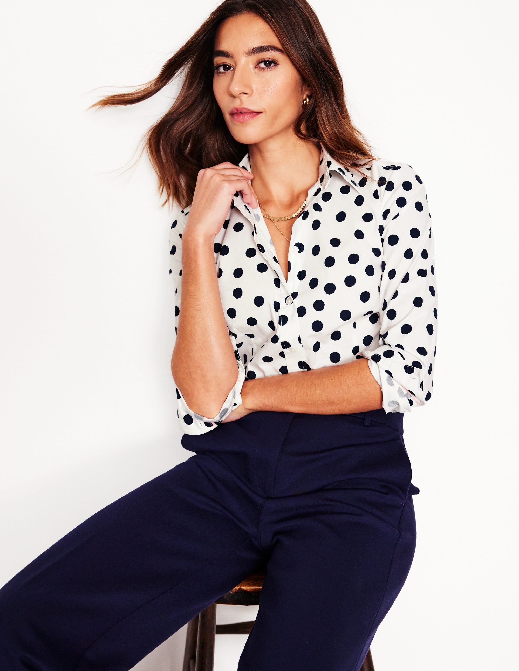 Saskia Stretch Cotton Shirt-Ivory and Navy, Abstract Dot - Image 1