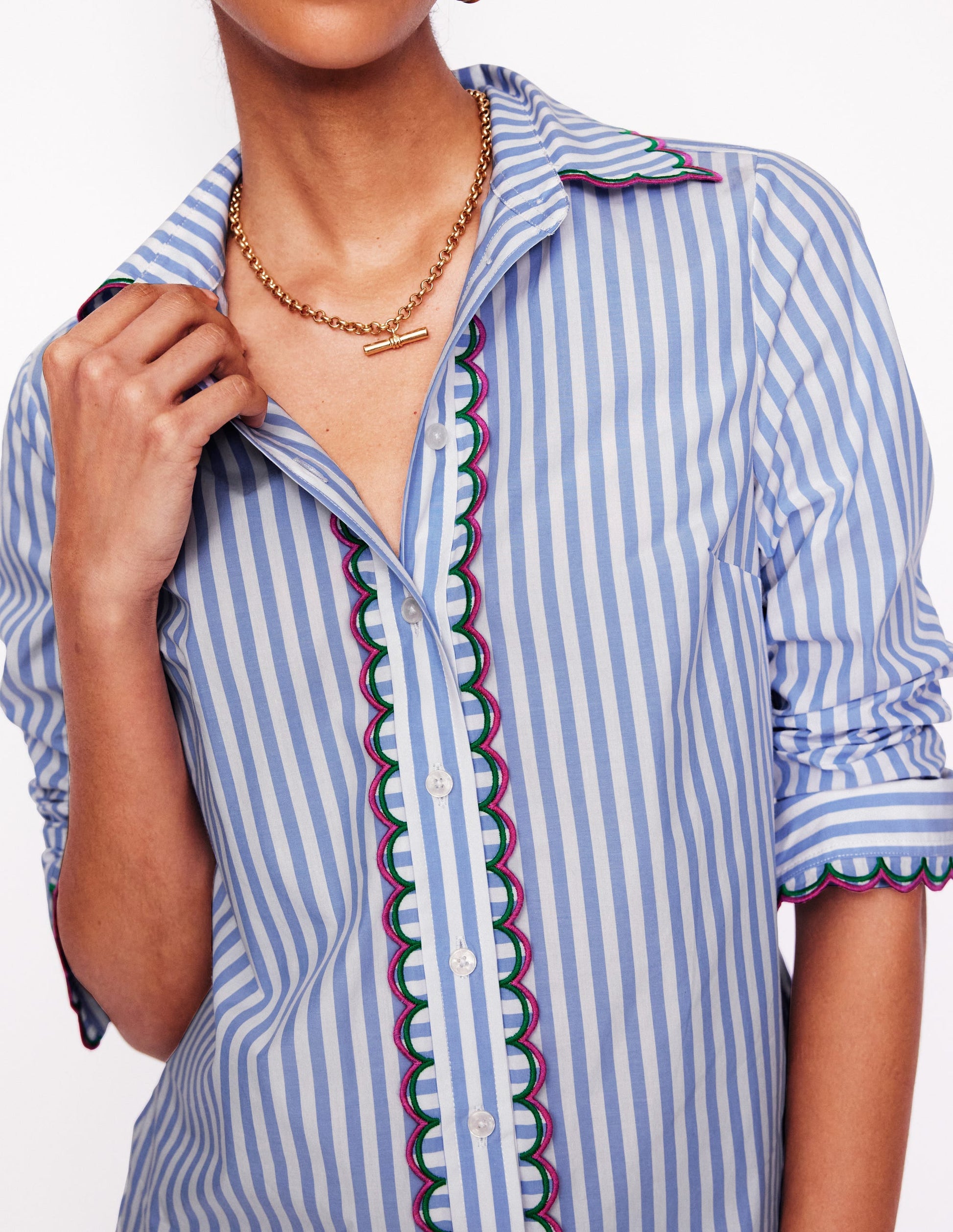 Sienna Interest Cotton Shirt-Multi, Blue and Ivory Stripe-2