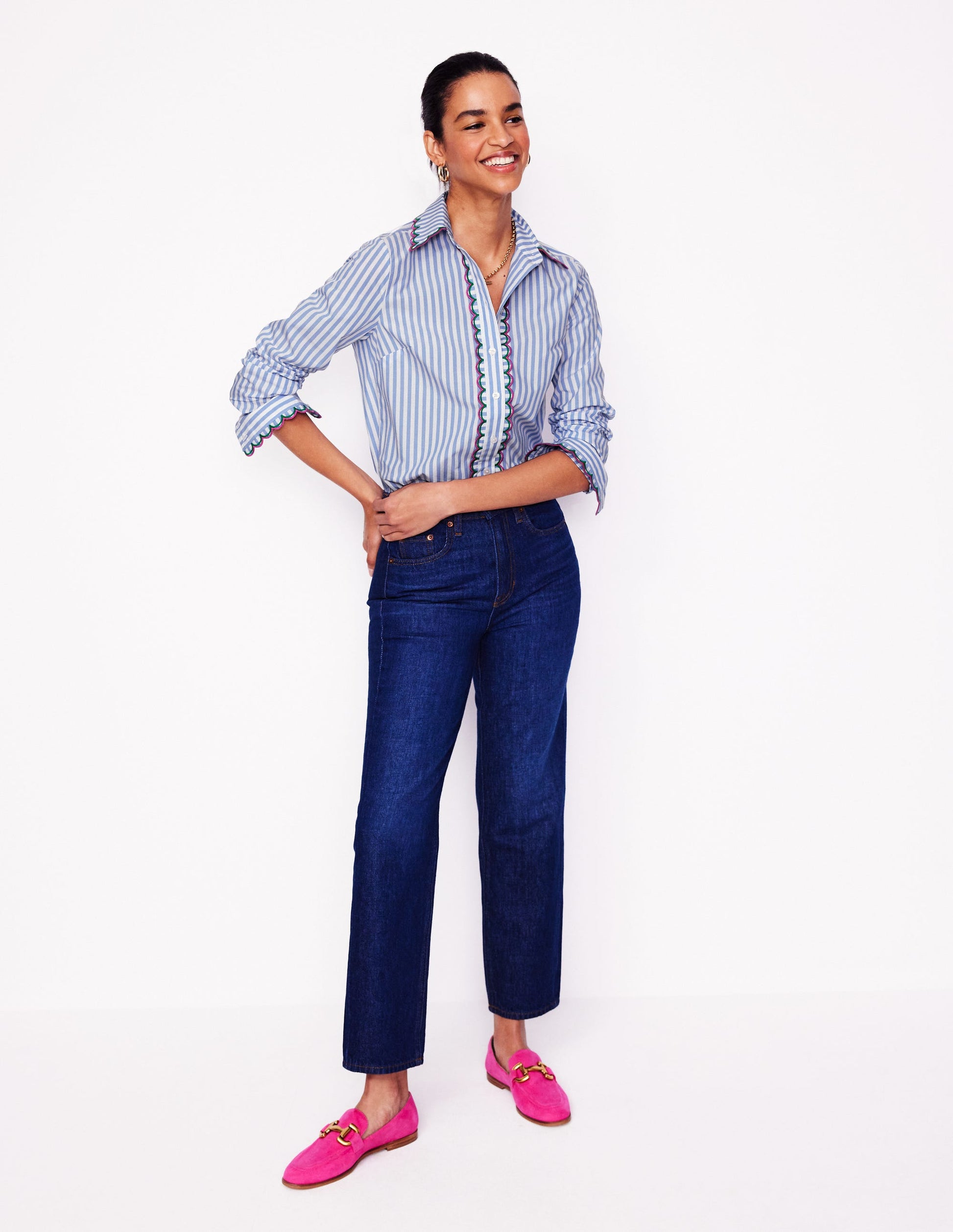 Sienna Interest Cotton Shirt-Multi, Blue and Ivory Stripe-4