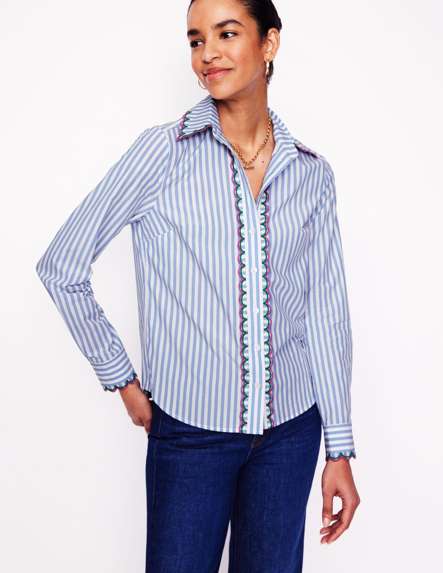 Sienna Interest Cotton Shirt-Multi, Blue and Ivory Stripe