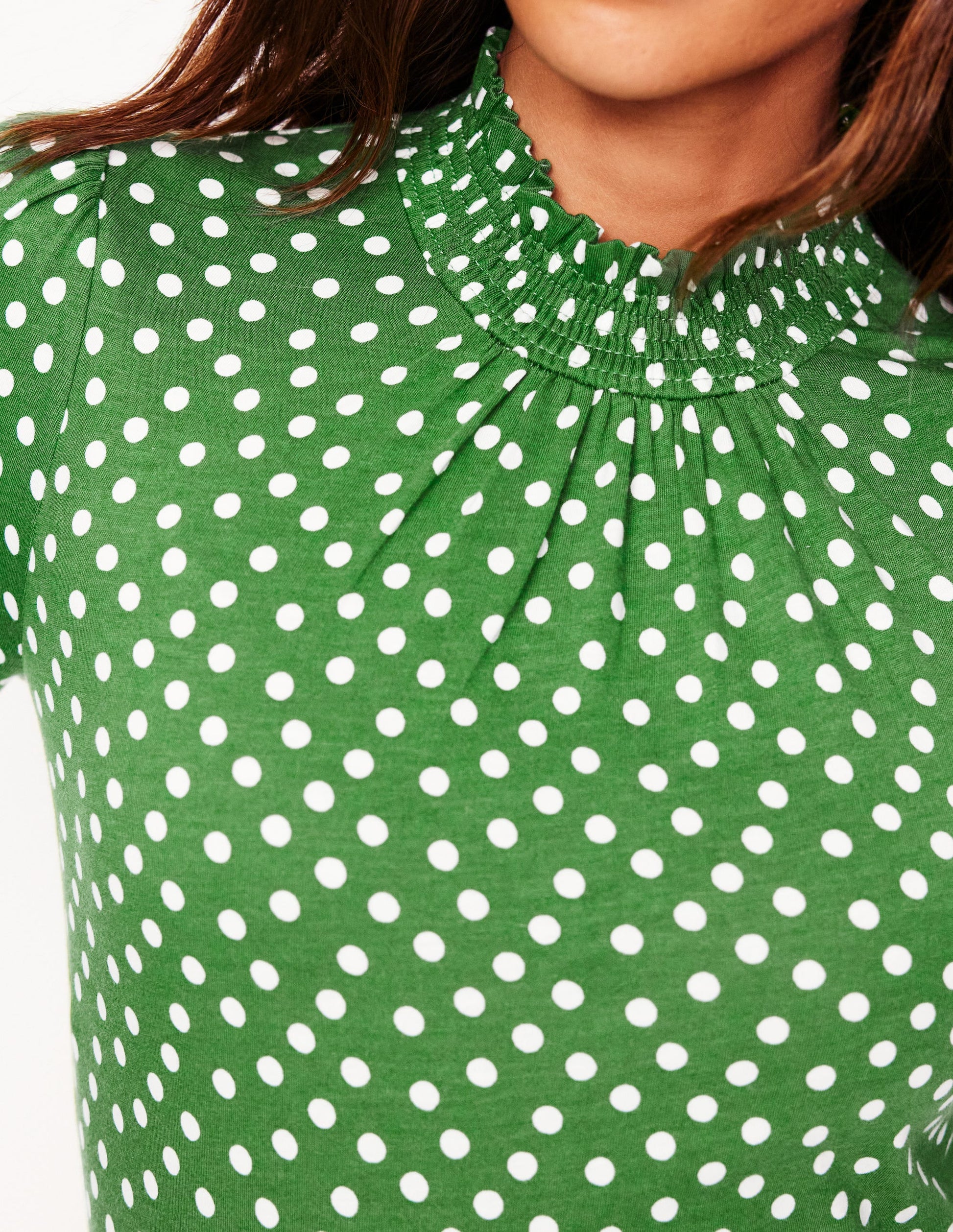 Smocked Neck Printed Top-Promenade Green, Abstract Dot-2