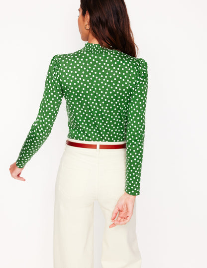 Smocked Neck Printed Top-Promenade Green, Abstract Dot-3