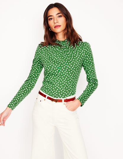 Smocked Neck Printed Top-Promenade Green, Abstract Dot-4