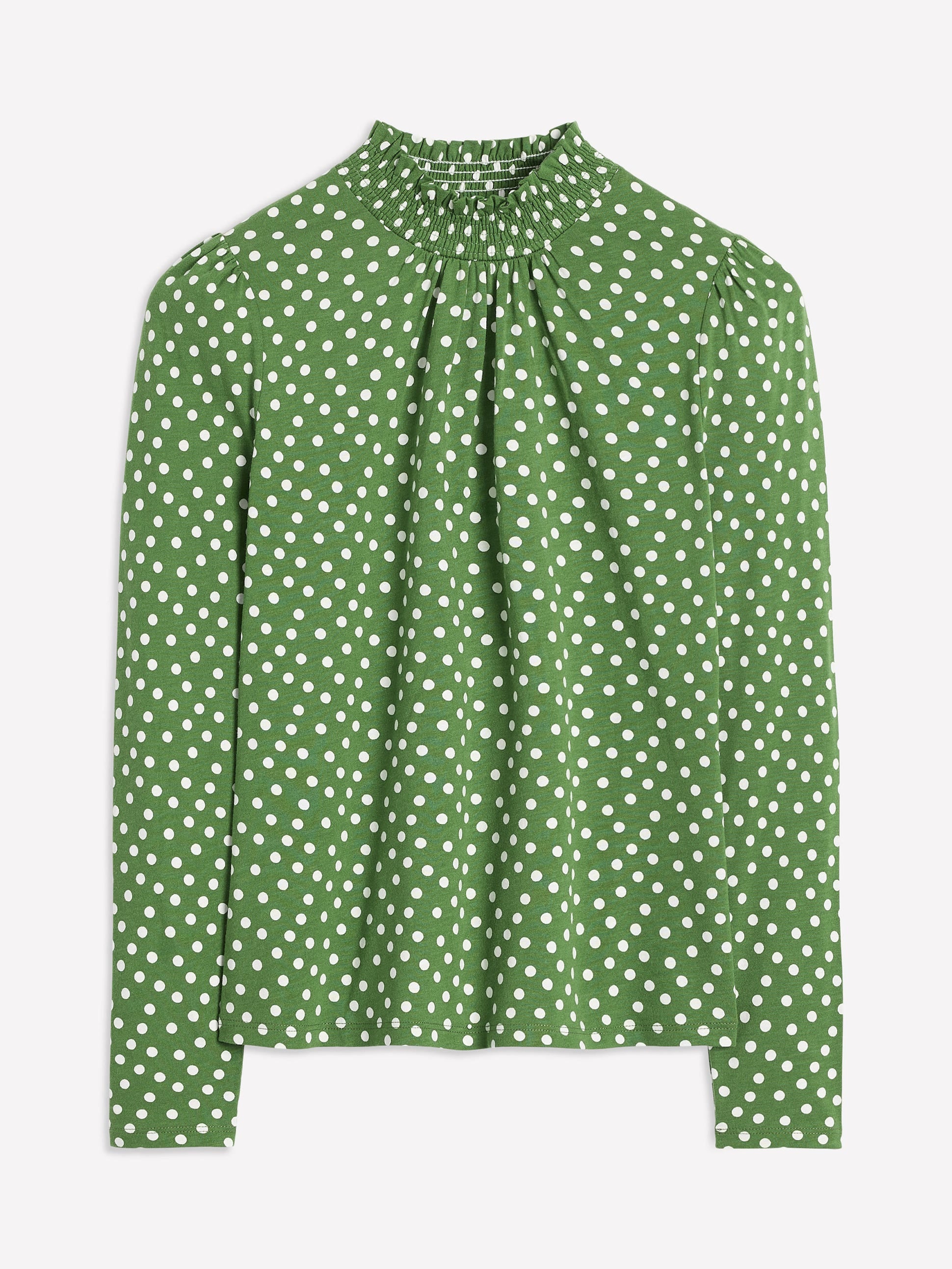 Smocked Neck Printed Top-Promenade Green, Abstract Dot-5