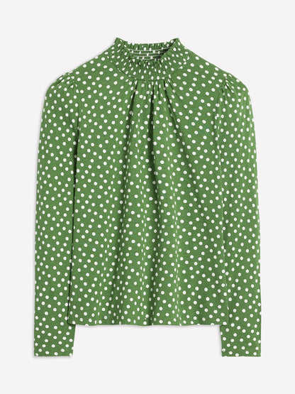 Smocked Neck Printed Top-Promenade Green, Abstract Dot-5