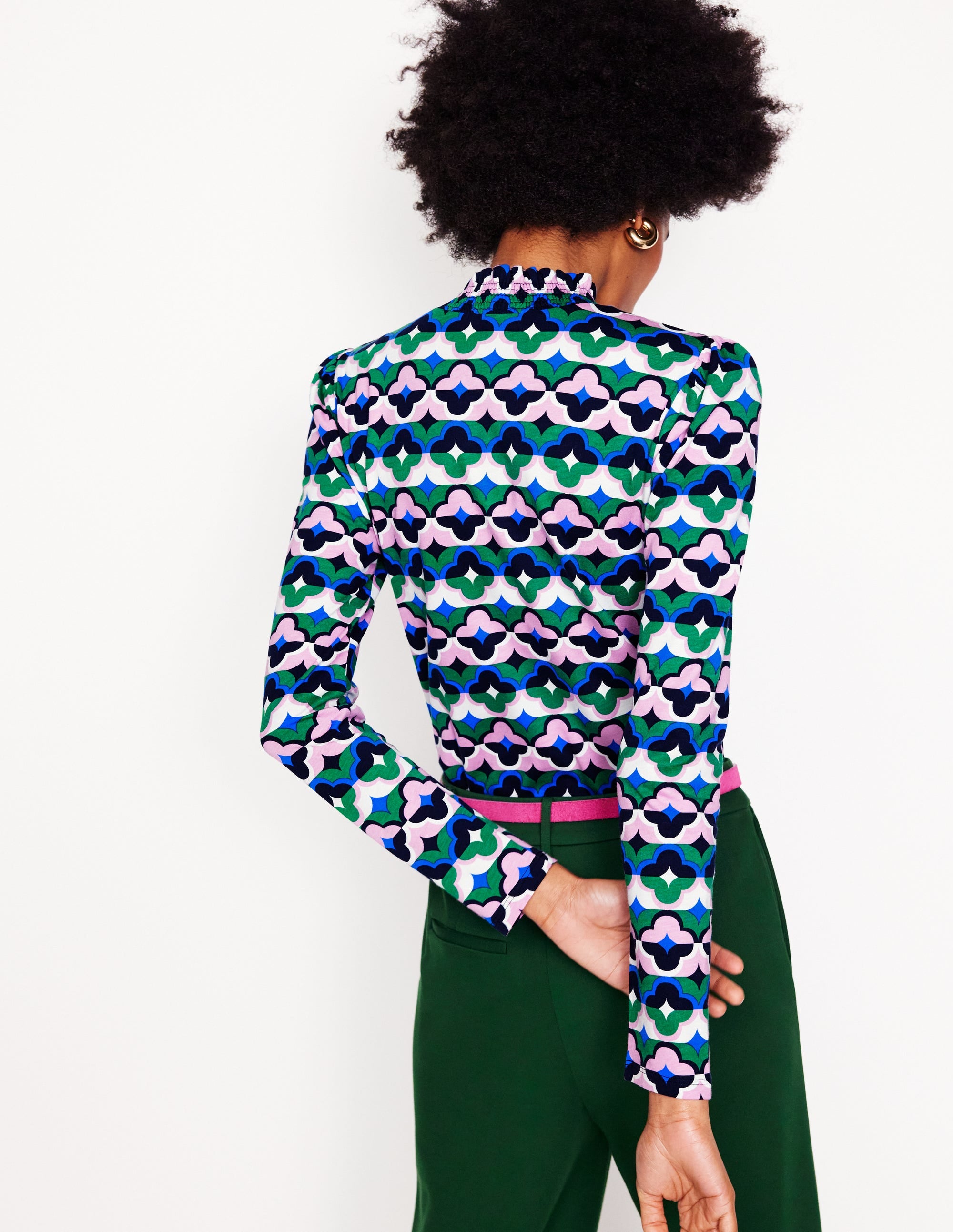 Smocked Neck Printed Top-Rich Emerald, Lucky Clover - Image 2