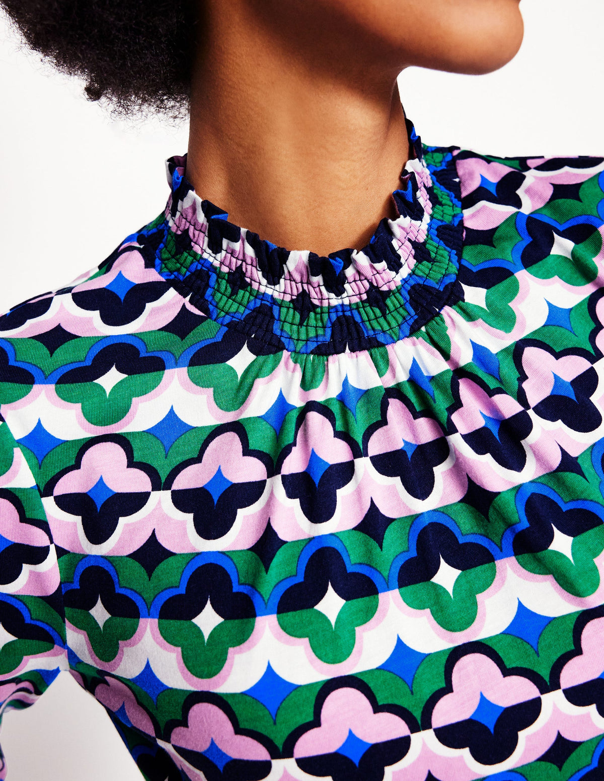 Smocked Neck Printed Top-Rich Emerald, Lucky Clover - Image 3