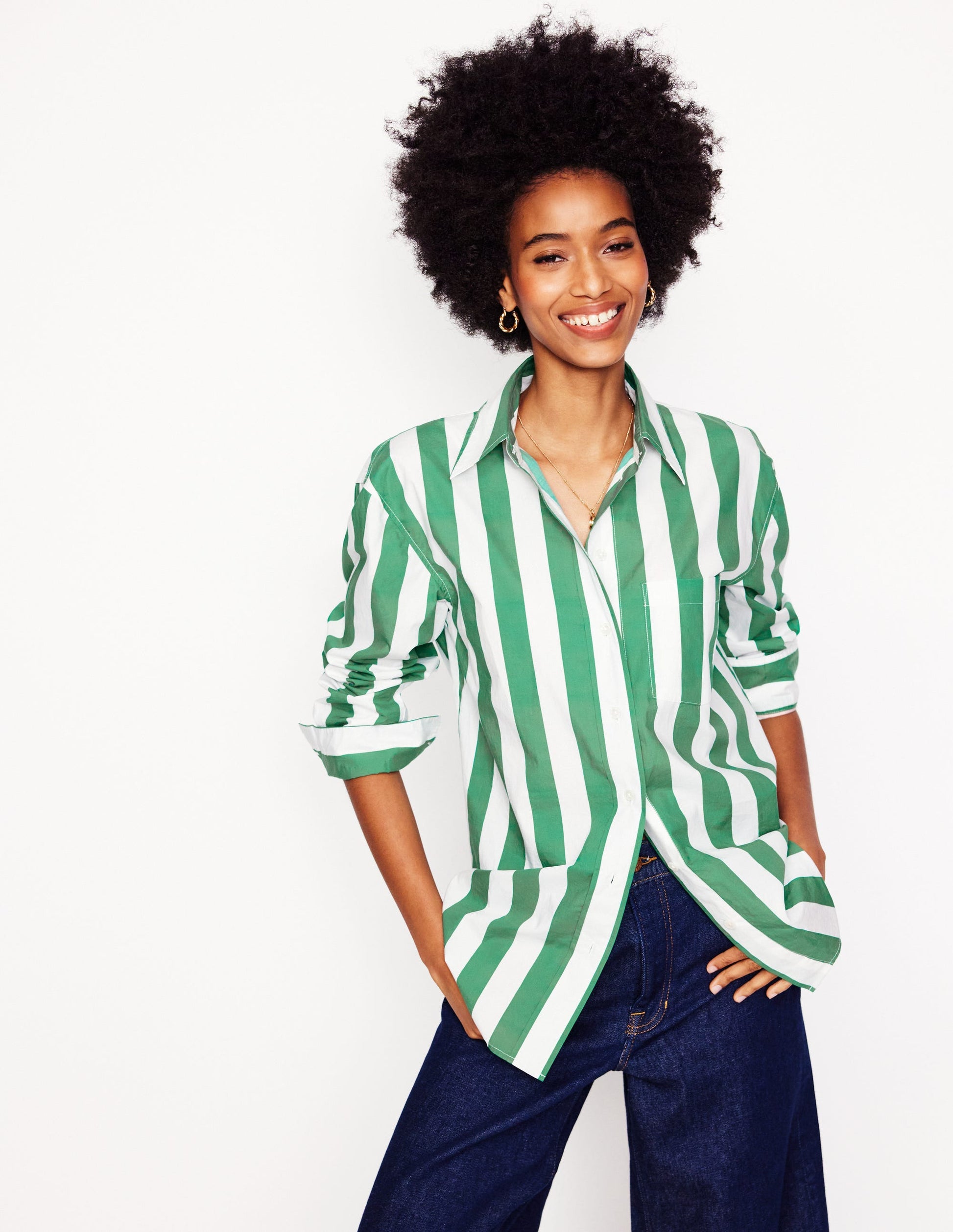 Sadie Relaxed Cotton Shirt-Rich Emerald Wide Stripe | Boden UK Sadie Relaxed Cotton Shirt-Rich Emerald Wide Stripe | Boden UK