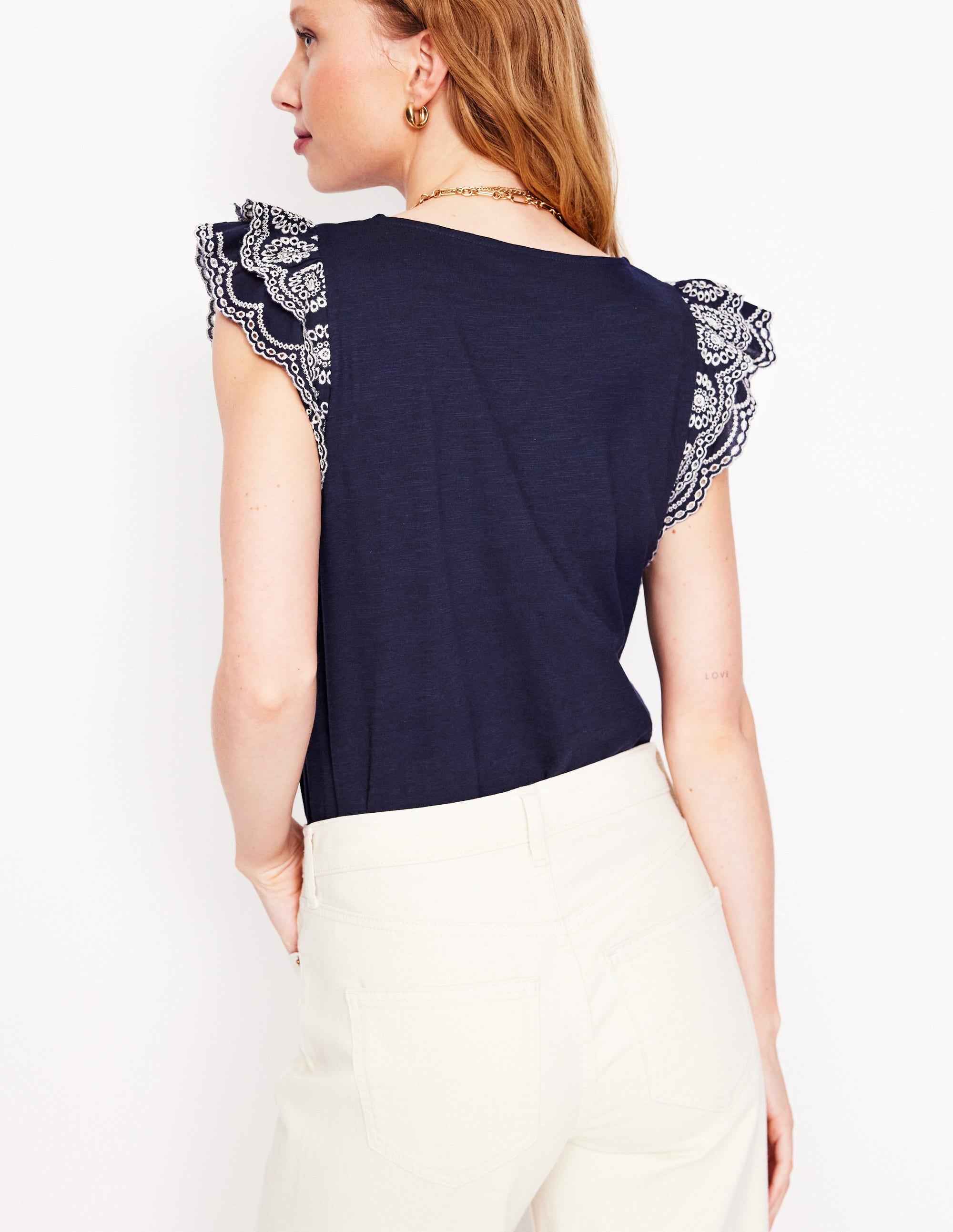 Belle Broderie Sleeve Top-Navy - Image 4