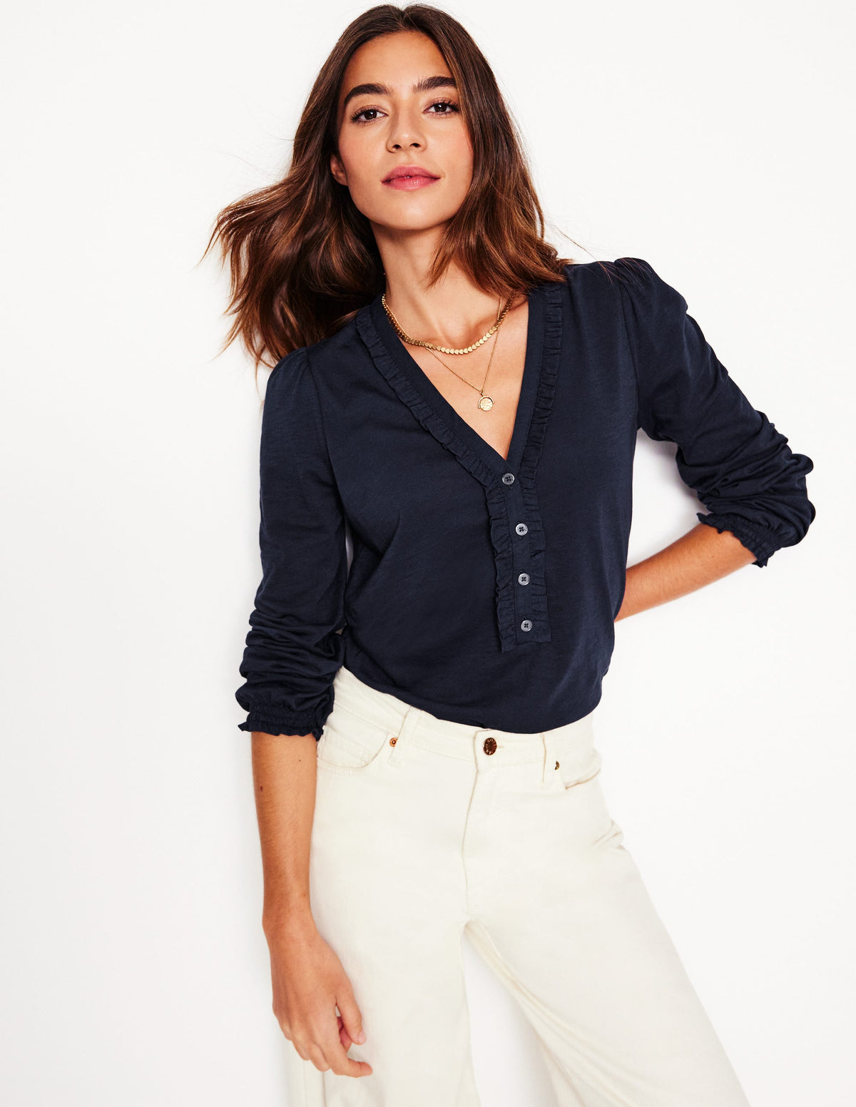 Poppy Ruffled Henley Top-Navy - Image 1