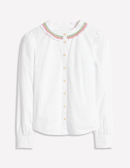 Smocked Neck Shirt-White, Multi Stitching-5