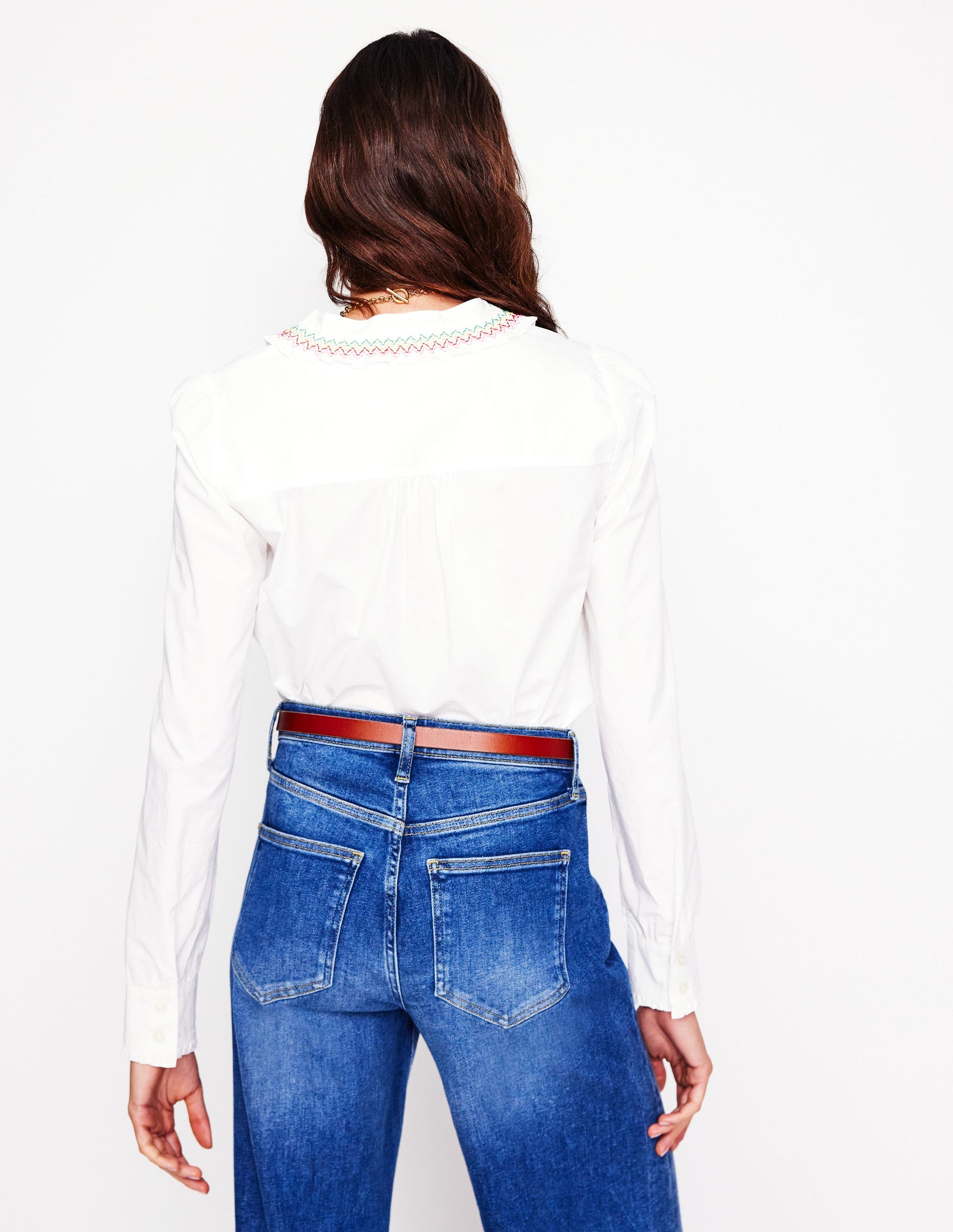 Smocked Neck Shirt-White, Multi Stitching-3