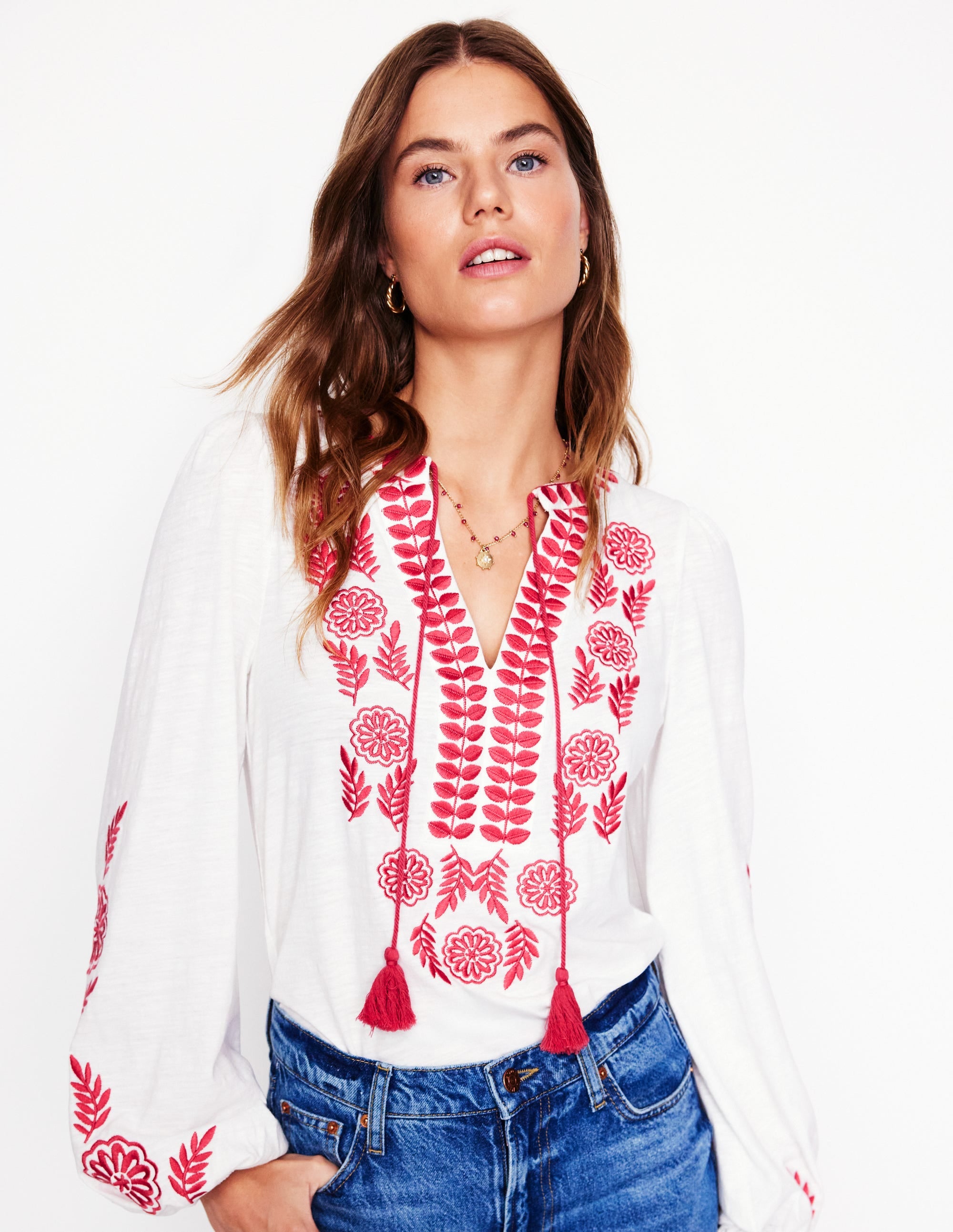Nia Embroidered Top-White, Berry Red - Image 1