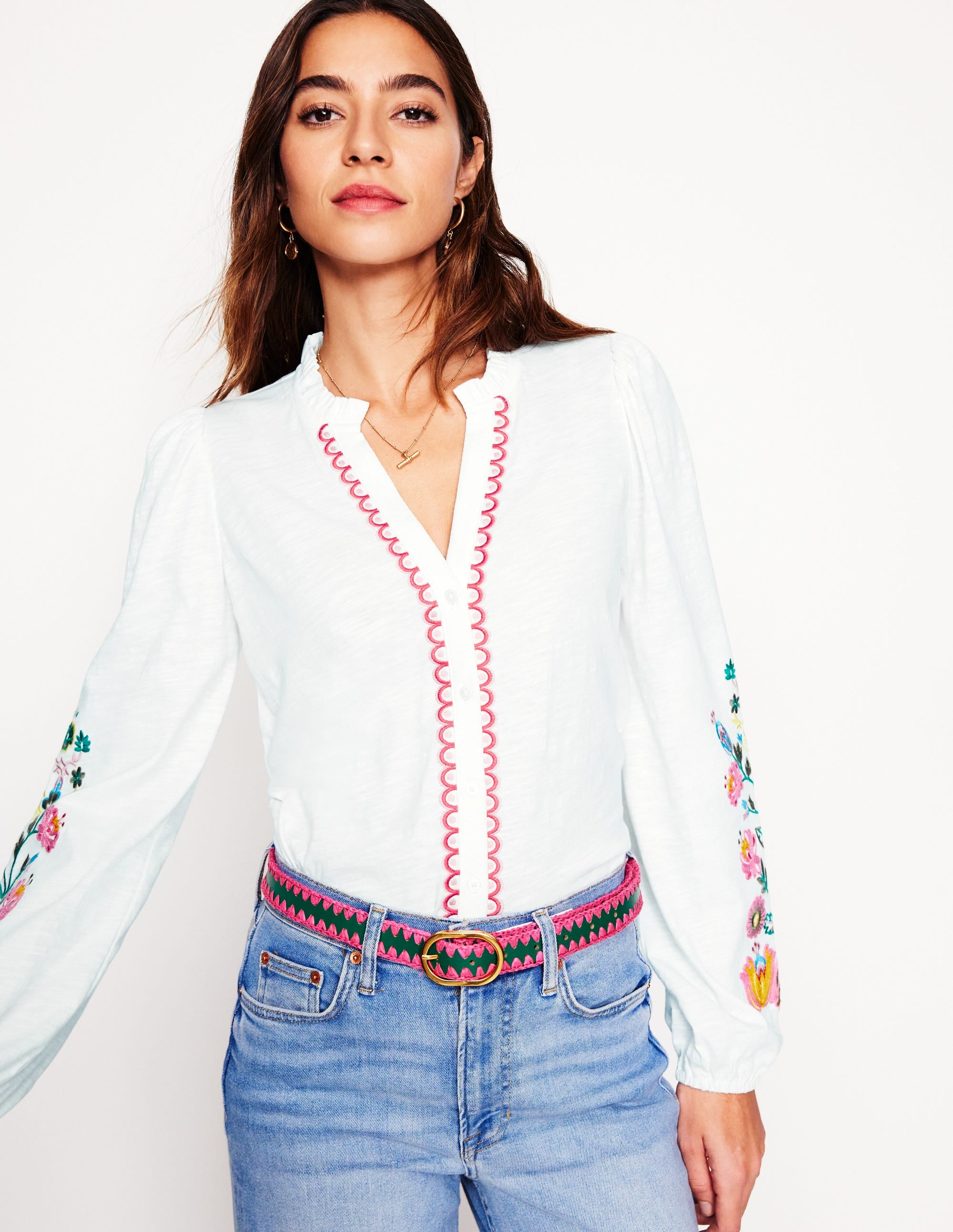 Embroidered Frill Neck Blouse-White, Multi Floral Embroidery - Image 4