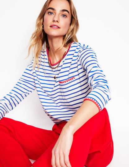 Blanket Stitch Boxy Top-Ivory, Gallery Blue-1