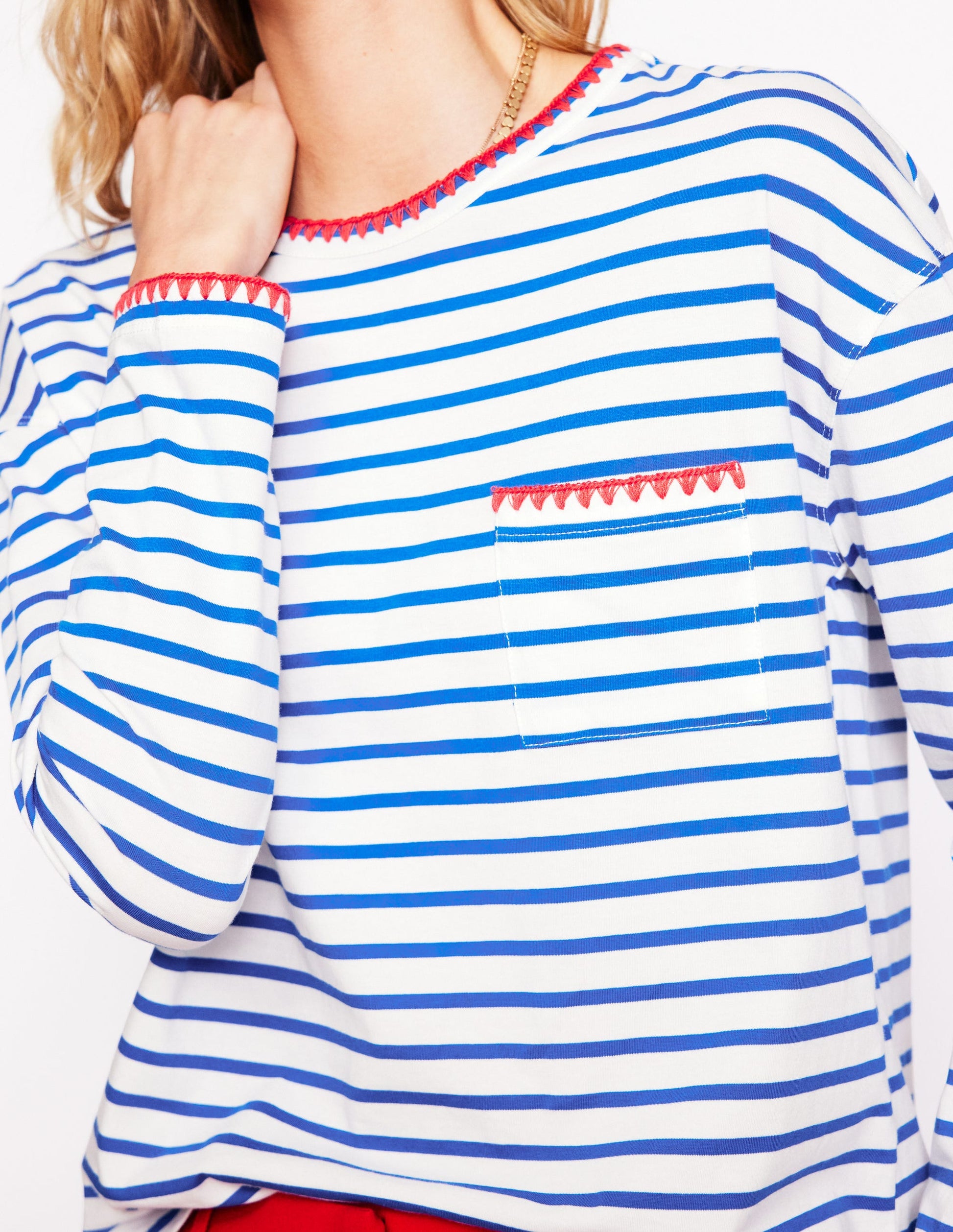 Blanket Stitch Boxy Top-Ivory, Gallery Blue-2