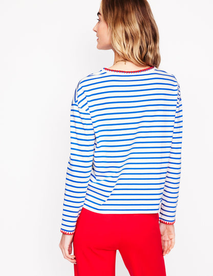 Blanket Stitch Boxy Top-Ivory, Gallery Blue-3