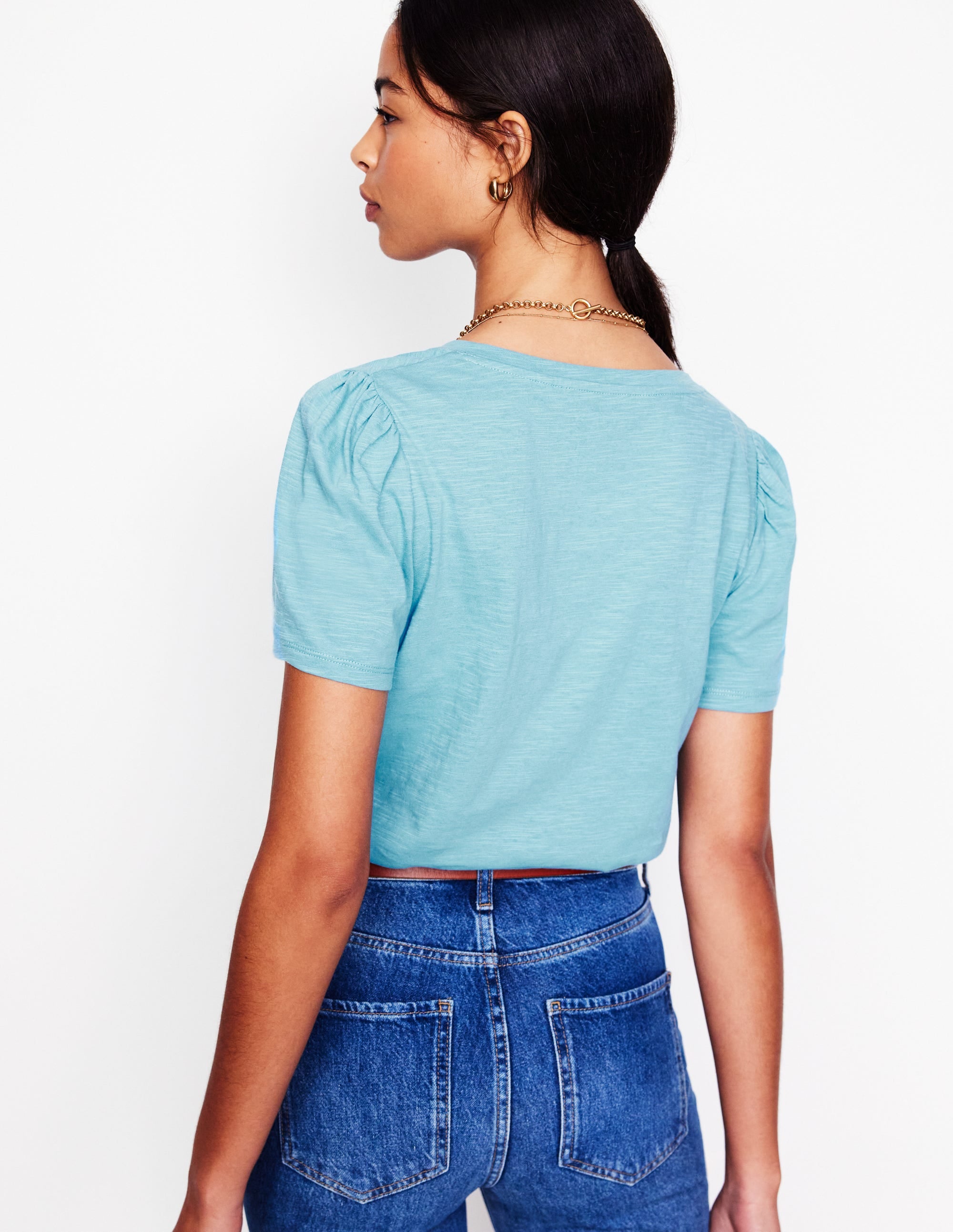 Sophie V-neck Slub T-shirt-Denim Blue, Wildflower Bouquet - Image 3