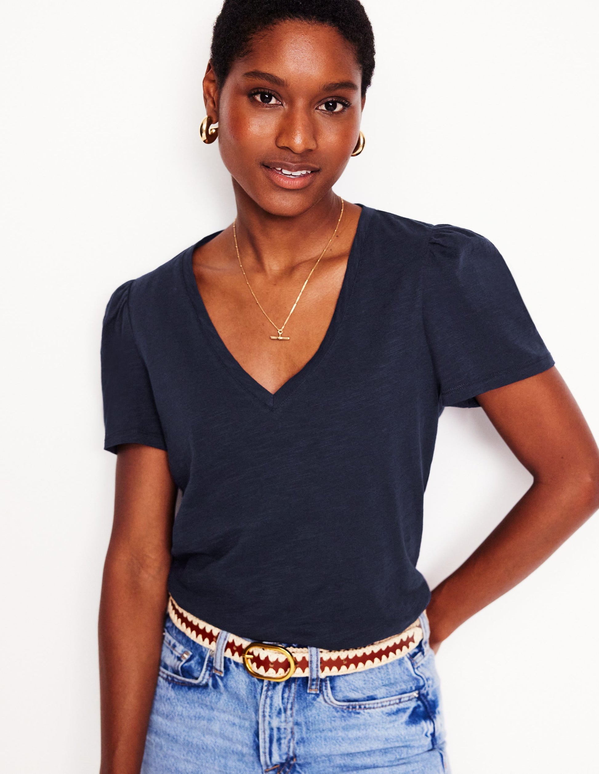 Short Sleeve V Neck T-shirt-Navy Boden UK