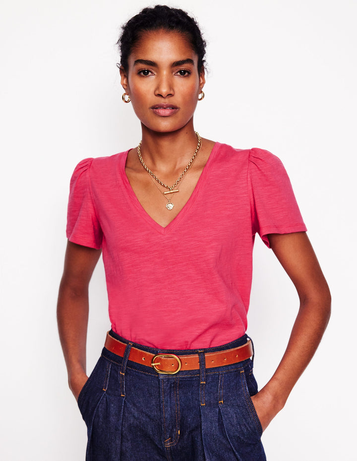 V Neck Slub T-shirt-Camelia Pink