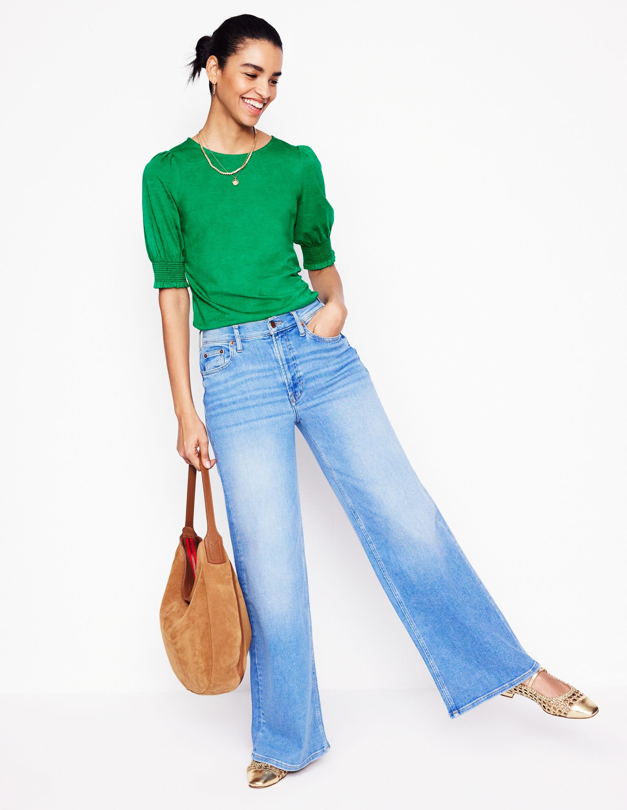 Short Sleeve Smocked Cuff Top-Rich Emerald - Image 1
