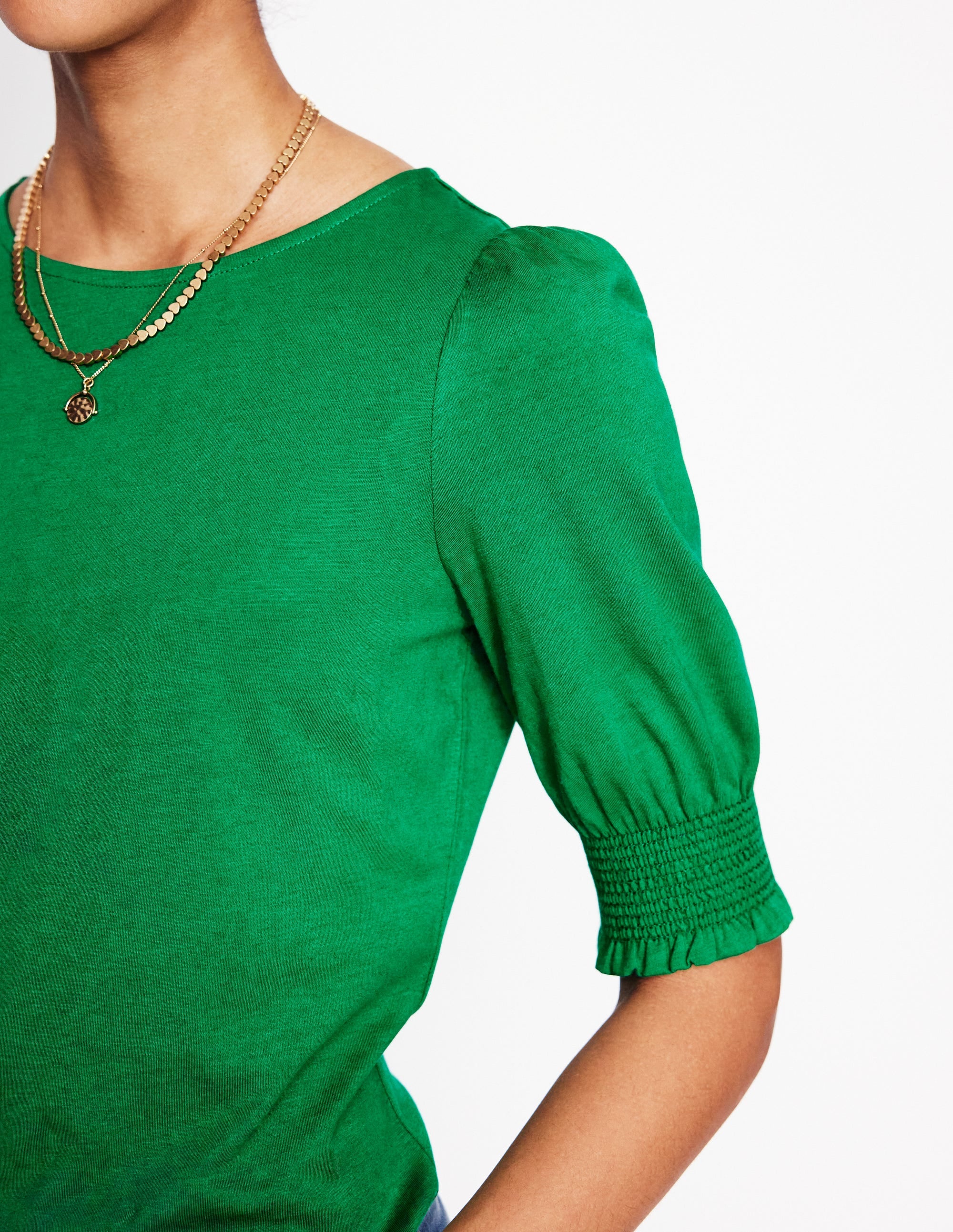 Short Sleeve Smocked Cuff Top-Rich Emerald - Image 2