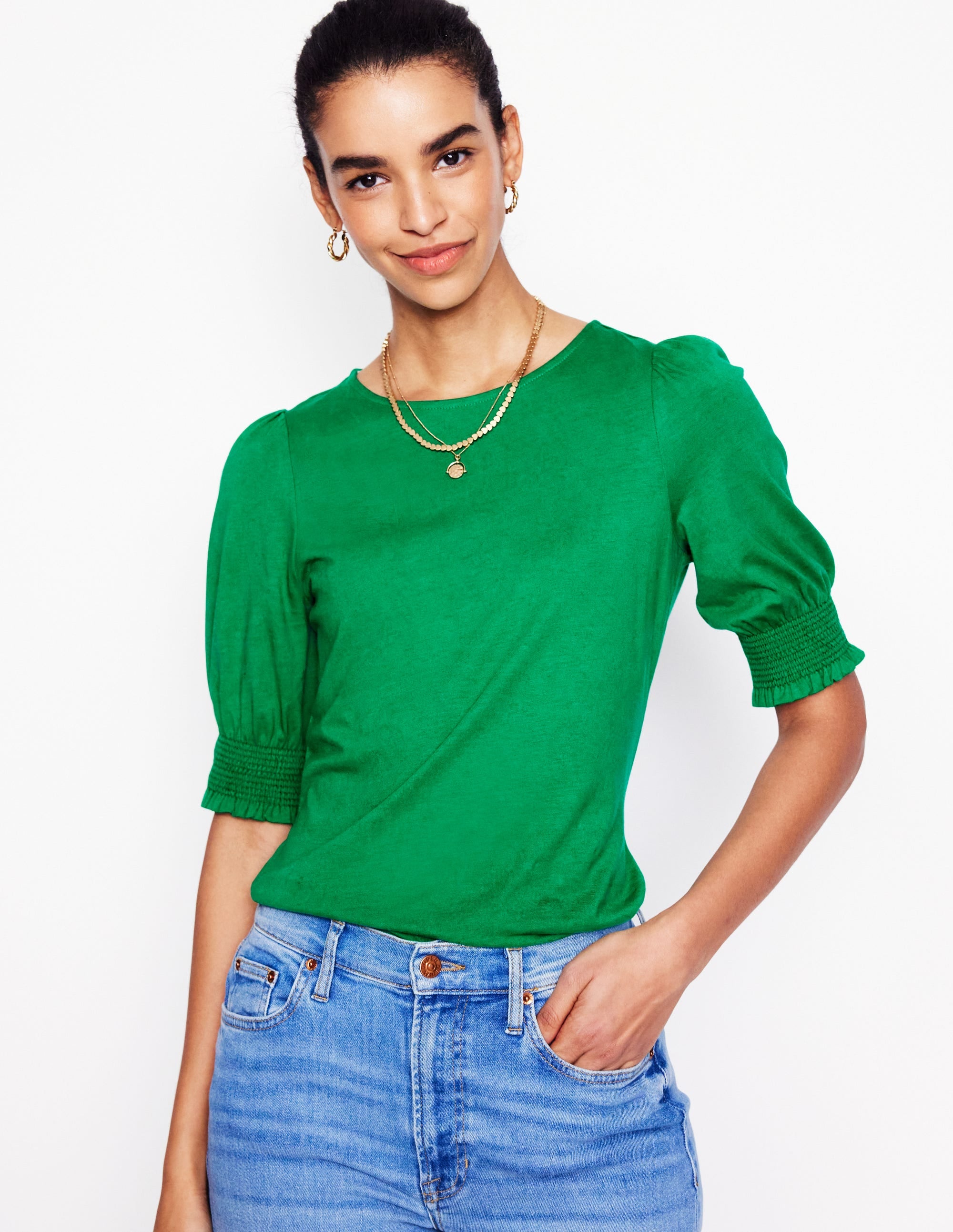 Short Sleeve Smocked Cuff Top-Rich Emerald - Image 4