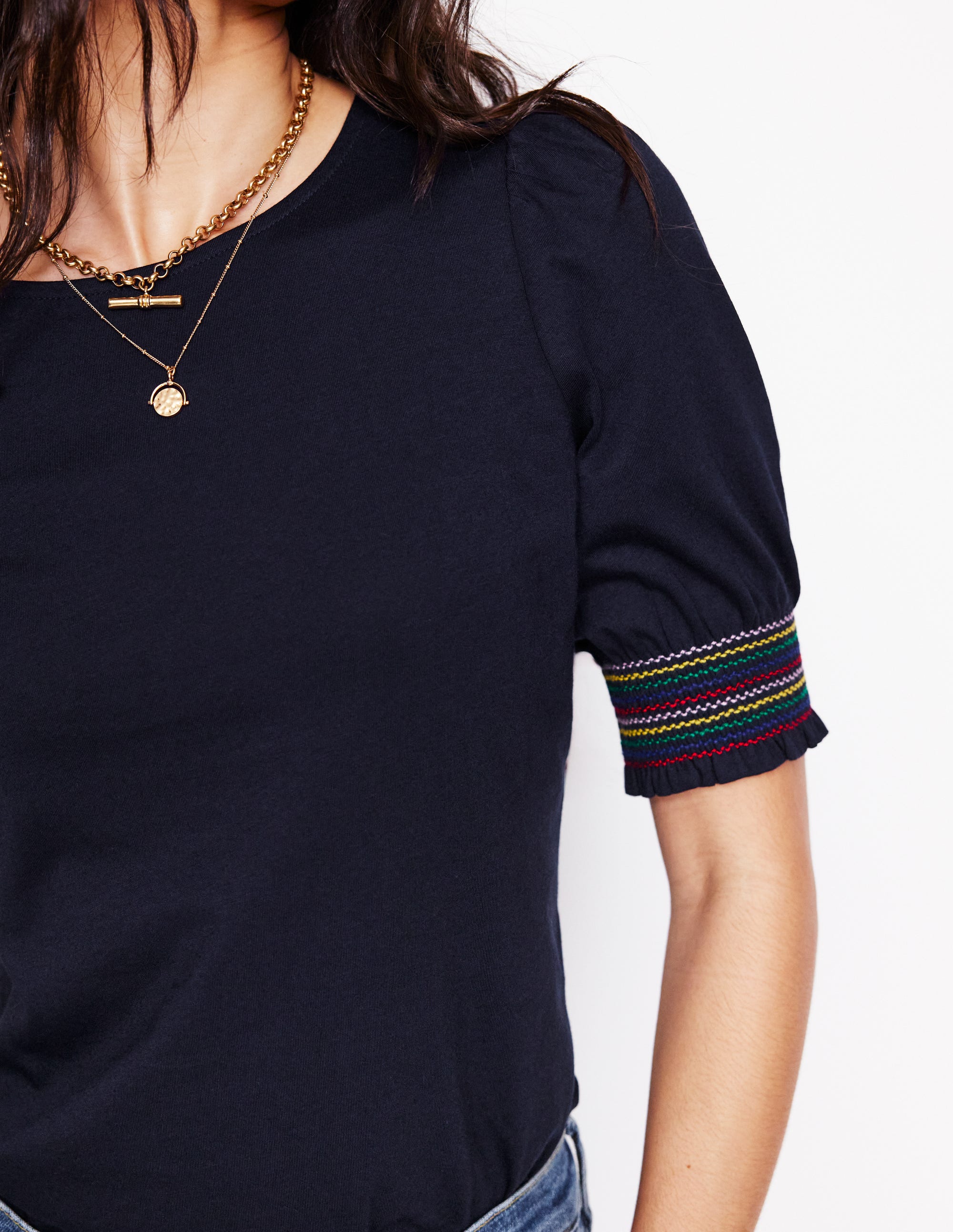 Cotton Smocked Cuff Top-Navy - Image 2