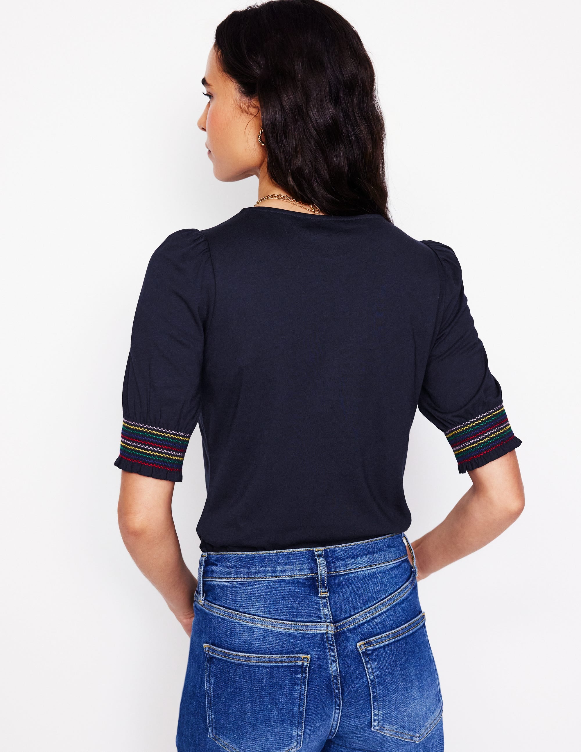 Cotton Smocked Cuff Top-Navy - Image 3
