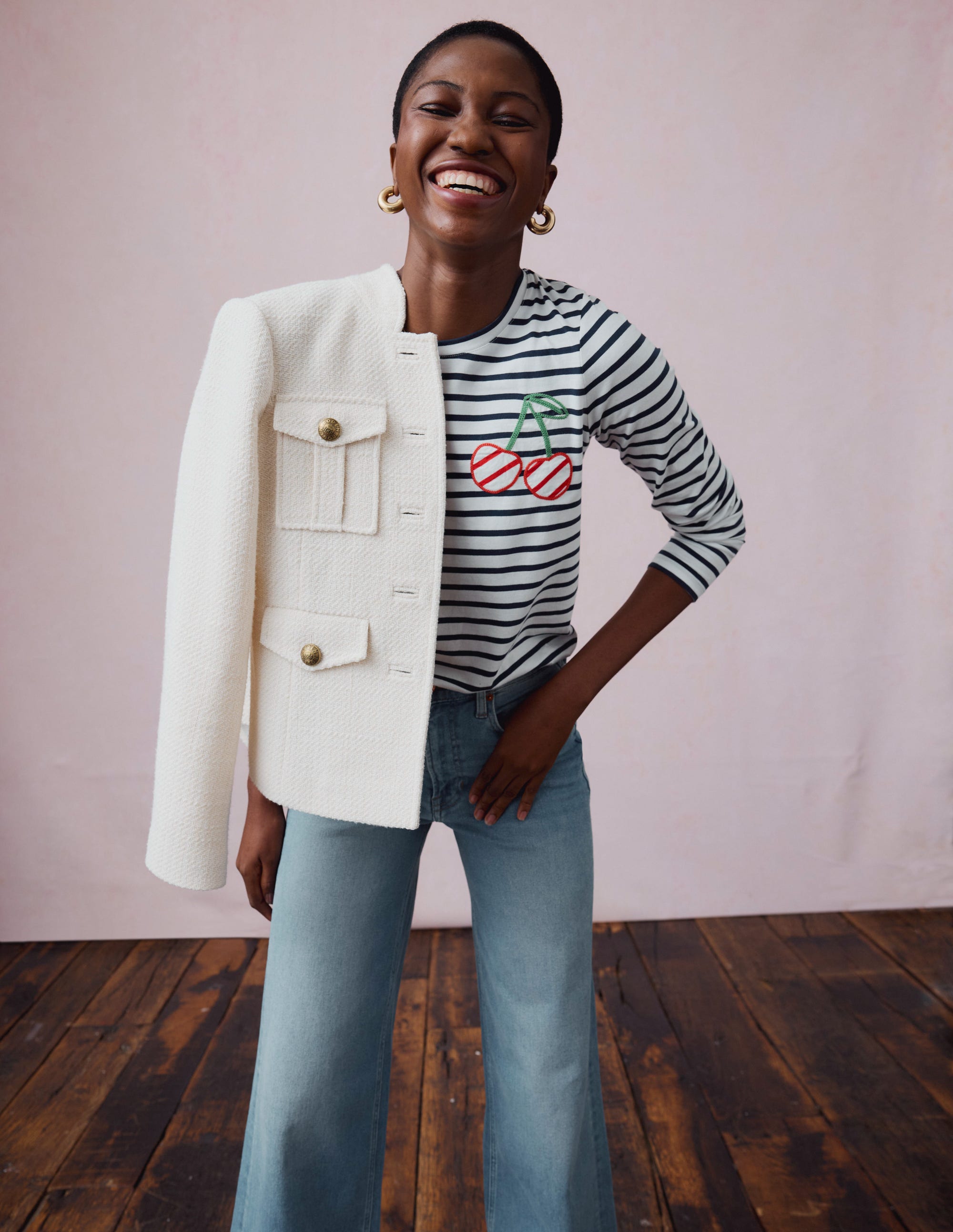 Novelty Long Sleeve Jersey Top-Ivory, Navy Cherries - Image 2