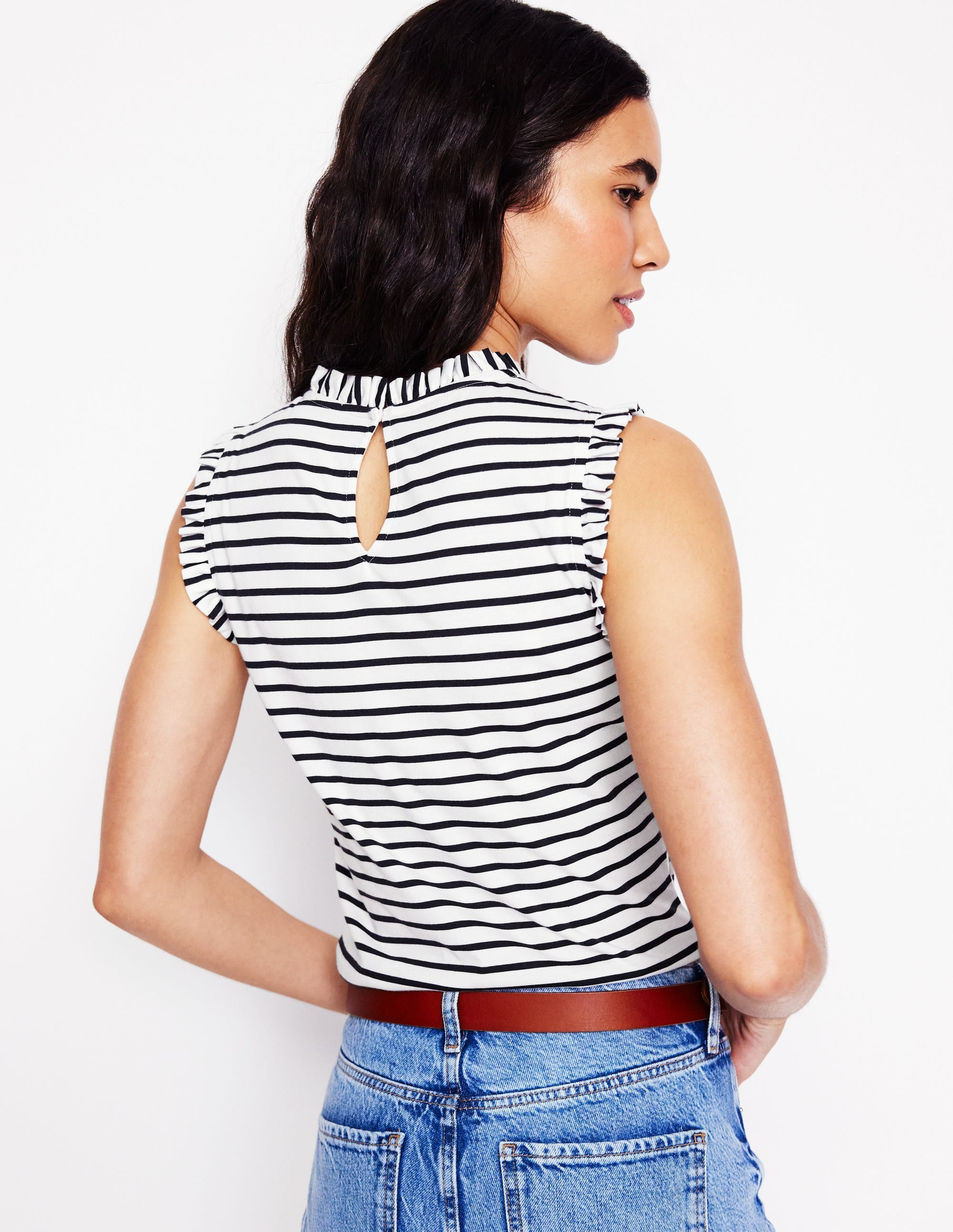 Supersoft Frill Detail Vest-Ivory, Navy Stripe - Image 3