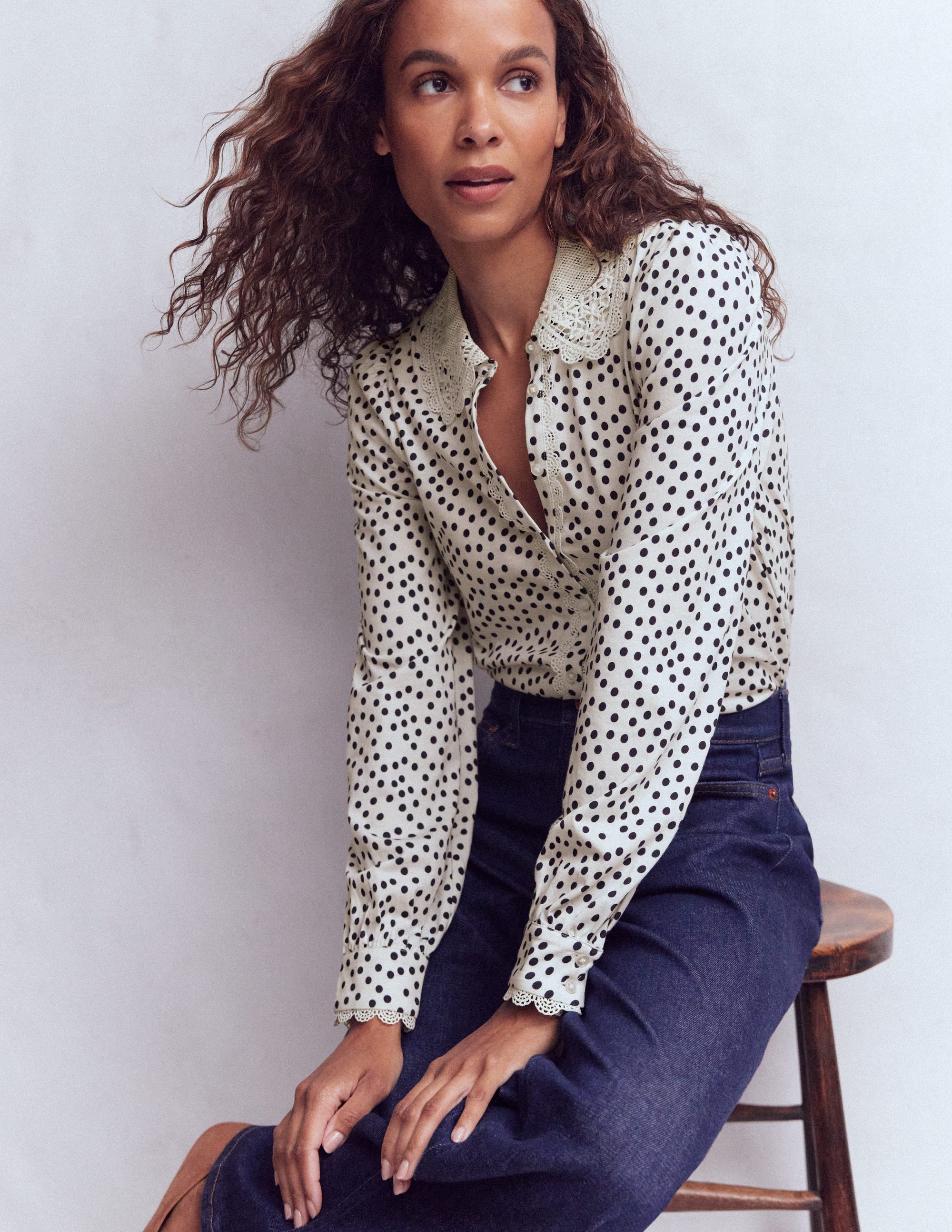 Lace Collar Blouse-Ivory, Painted Dot - Image 1