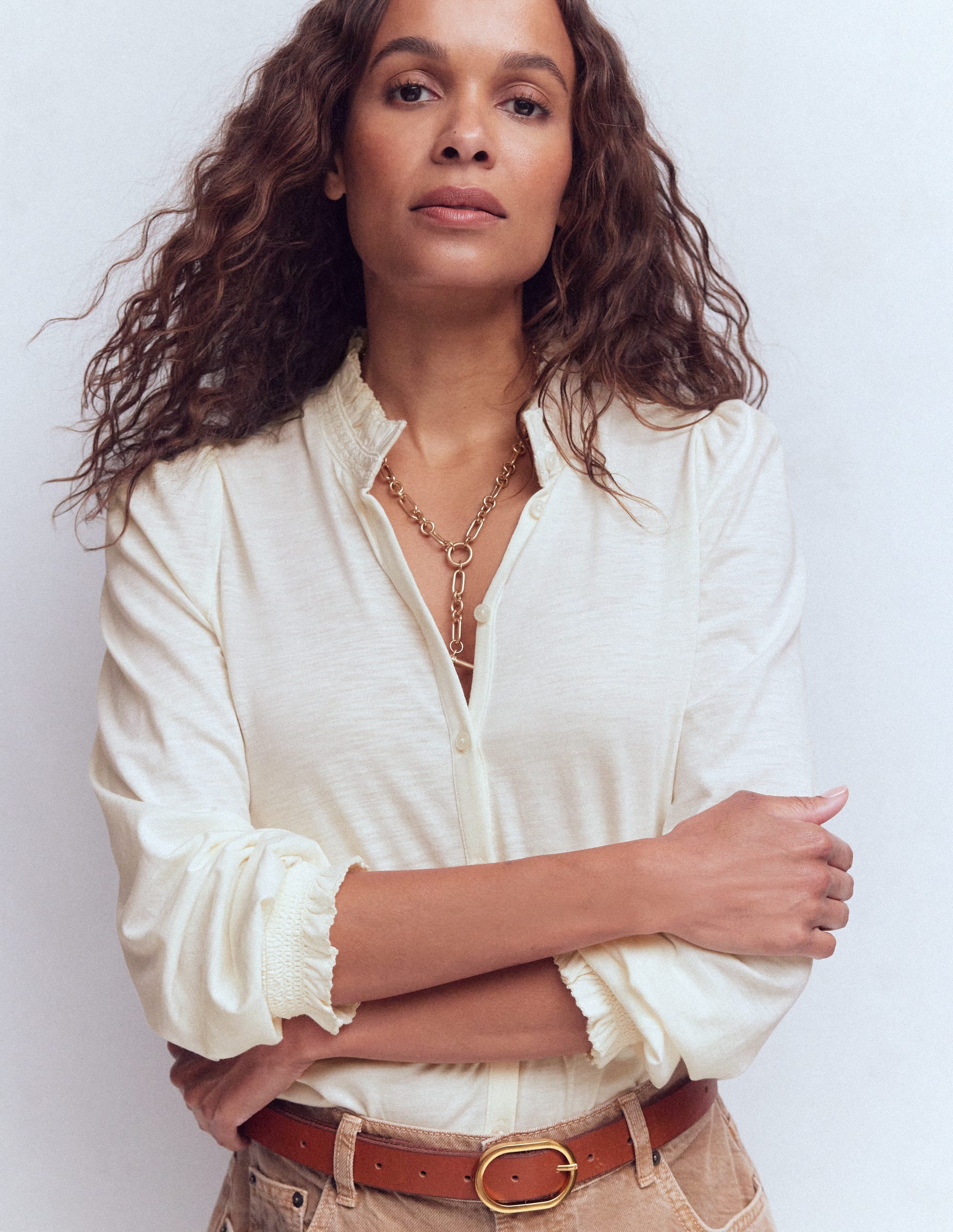 Effie Smocked Detail Shirt-Ivory - Image 1
