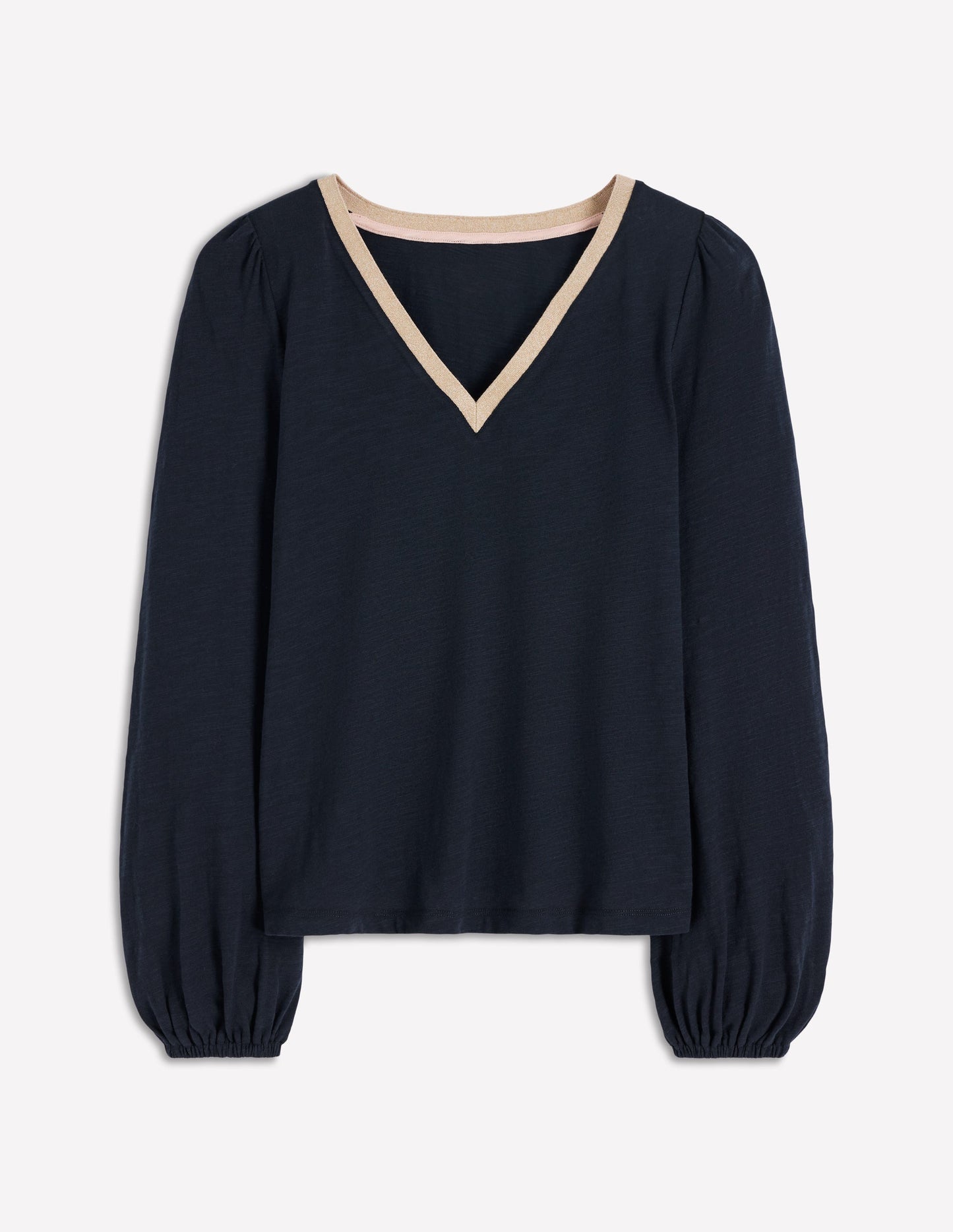 Metallic Trim V-neck Top-Navy