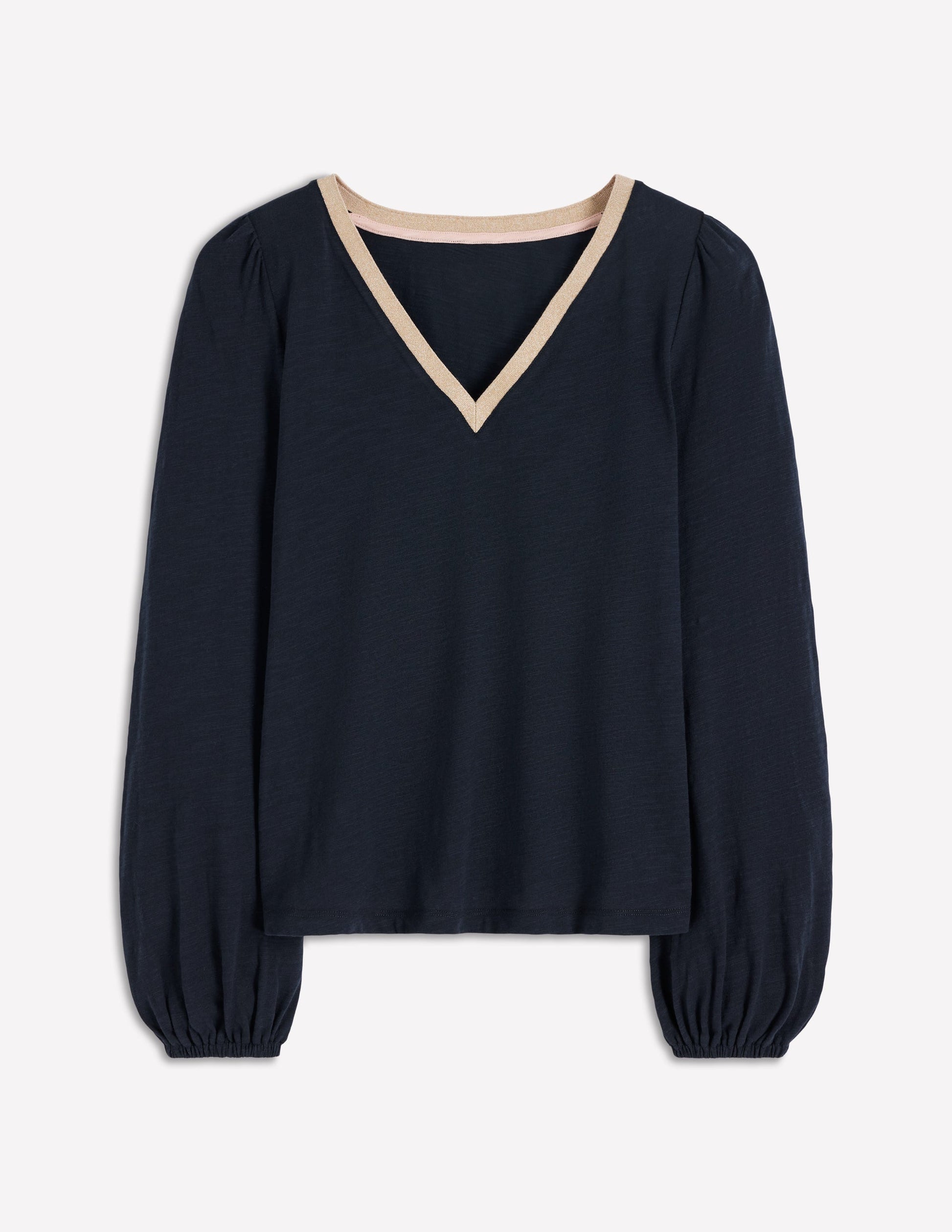 Metallic Trim V-neck Top-Navy-5