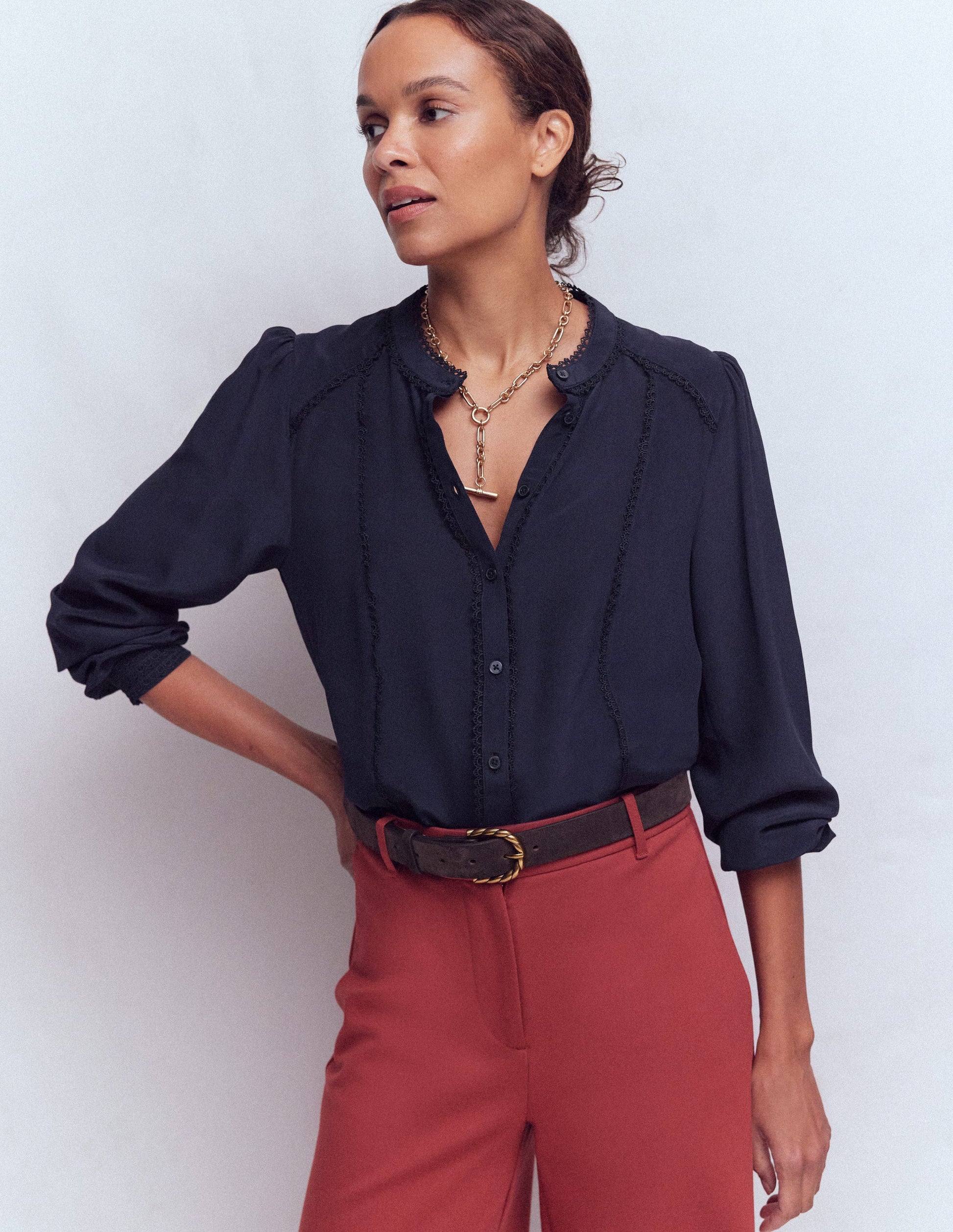 Rhea Trim Detail Silk Top-Navy-1