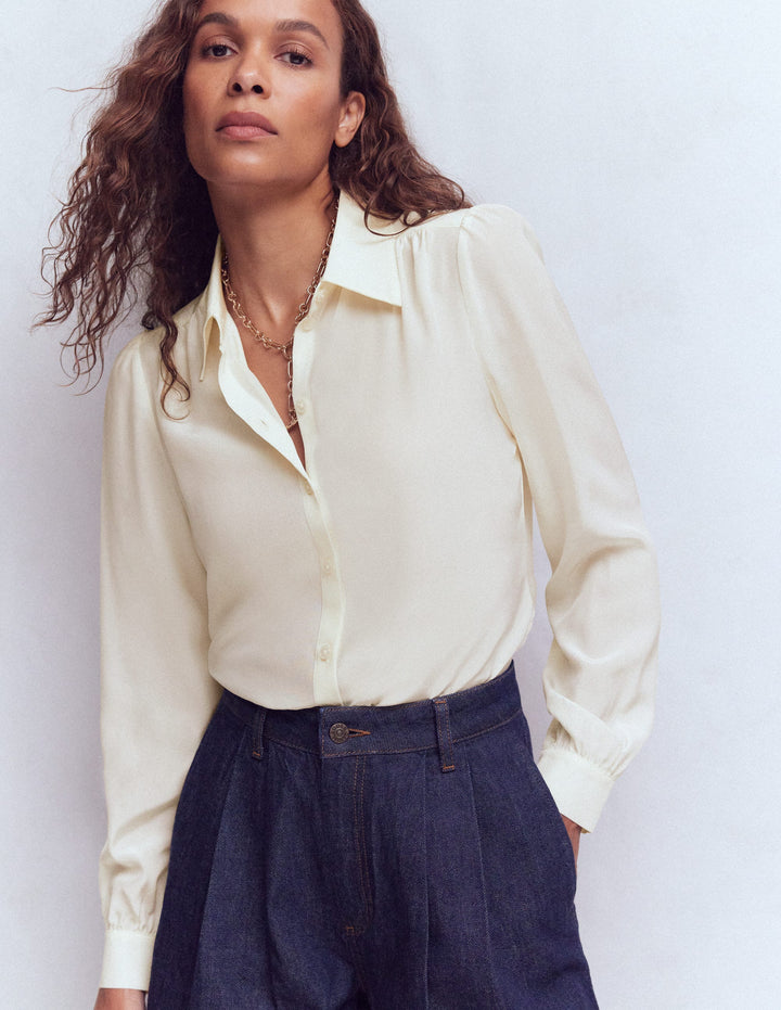 women's petite dress shirts Button Front Tie-Sleeve Shirt Short puff sleeves with button cuffs Ann Taylor Petite Satin Modern