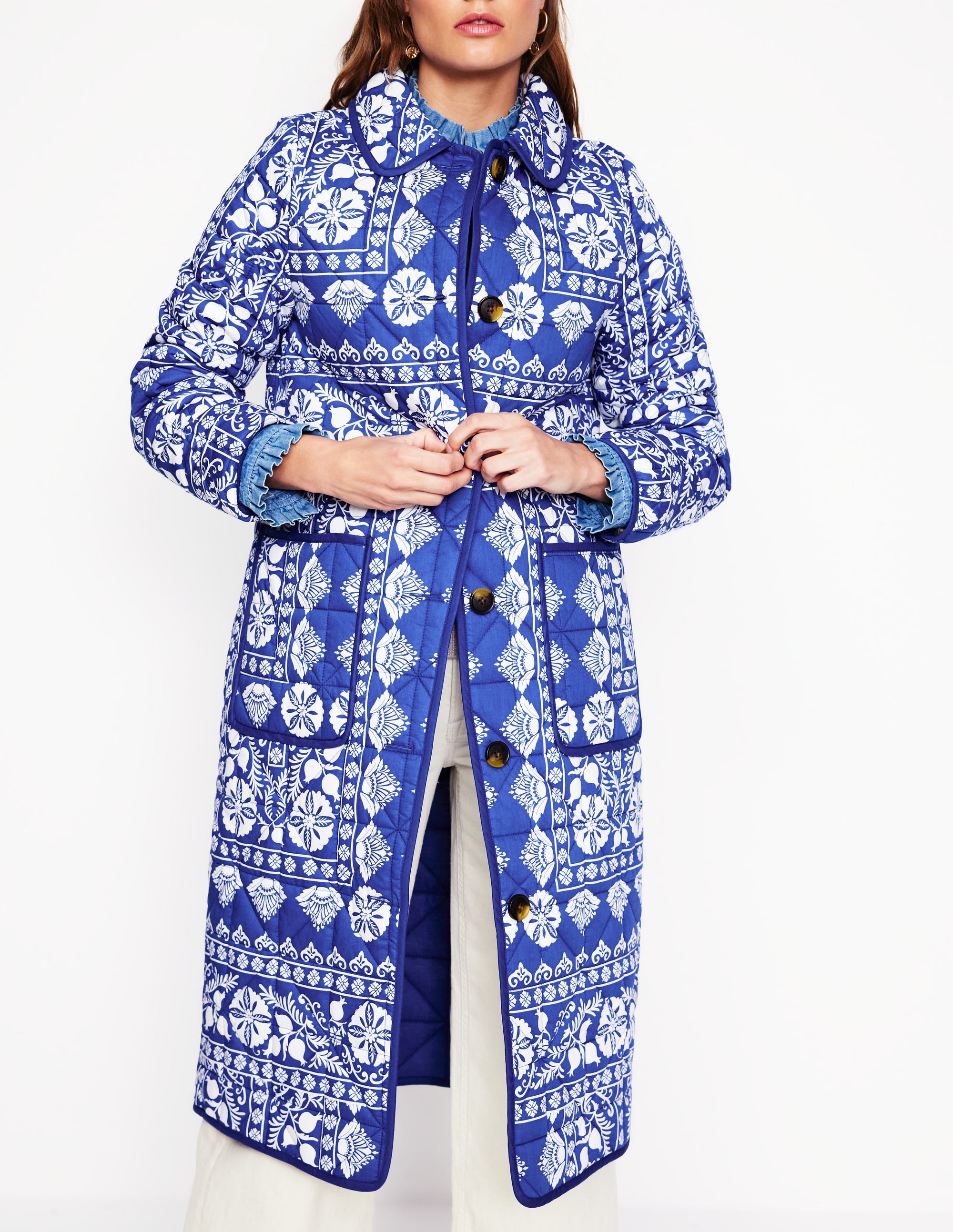Soft Quilted Coat-Bright Blue, Ornate Border - Image 5