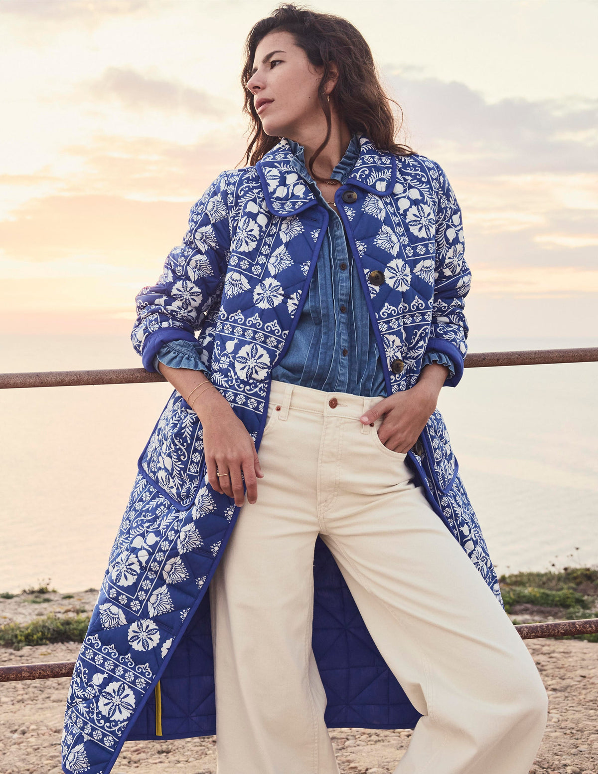 Soft Quilted Coat-Bright Blue, Ornate Border - Image 2