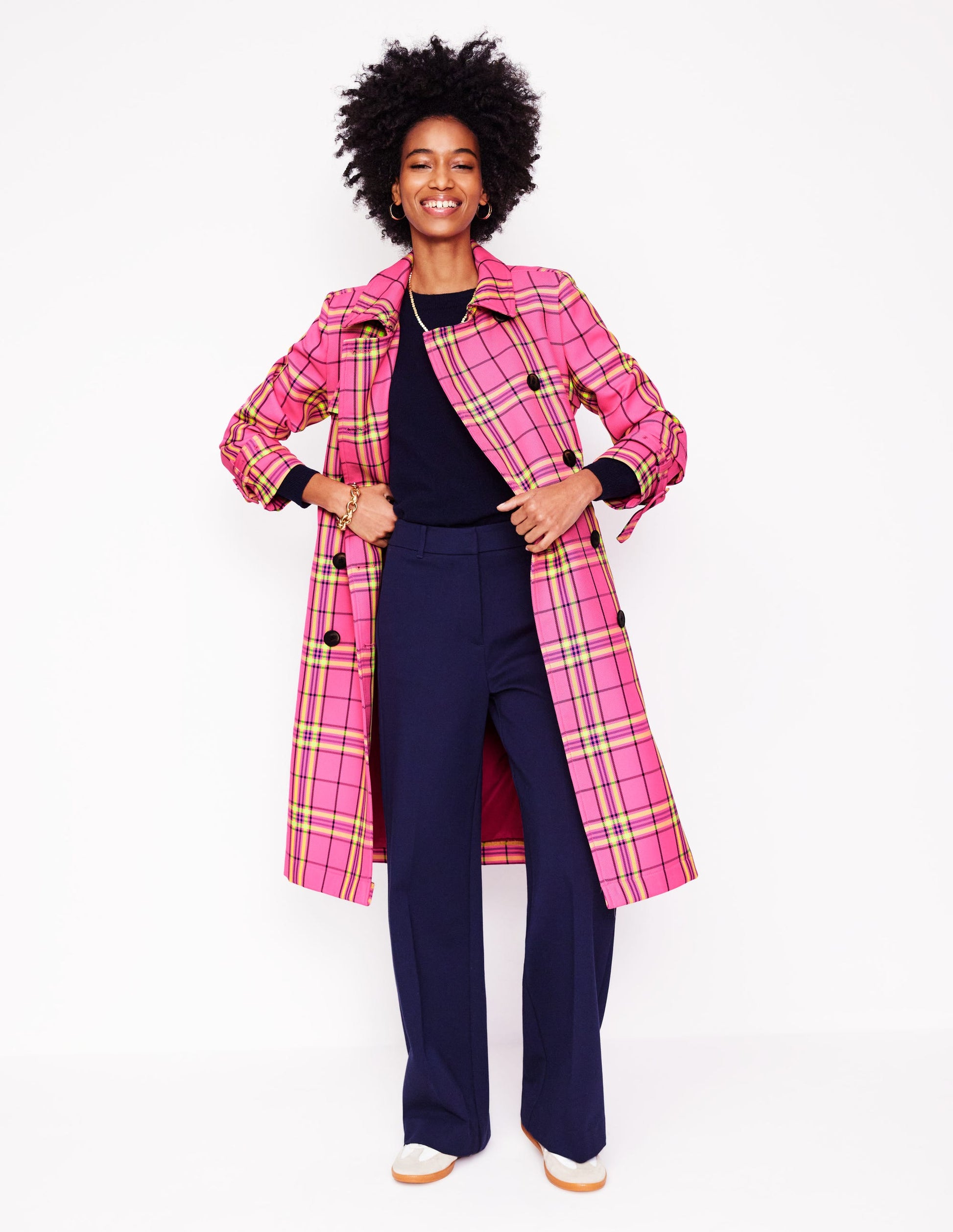 Cheltenham Trench Coat-Pink Neon Check Boden UK