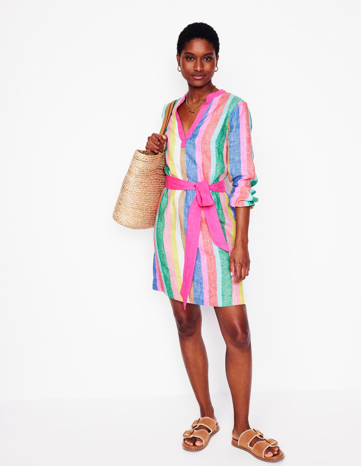 Cleo Linen Tie Waist Dress-Bright Rainbow Stripe - Image 4