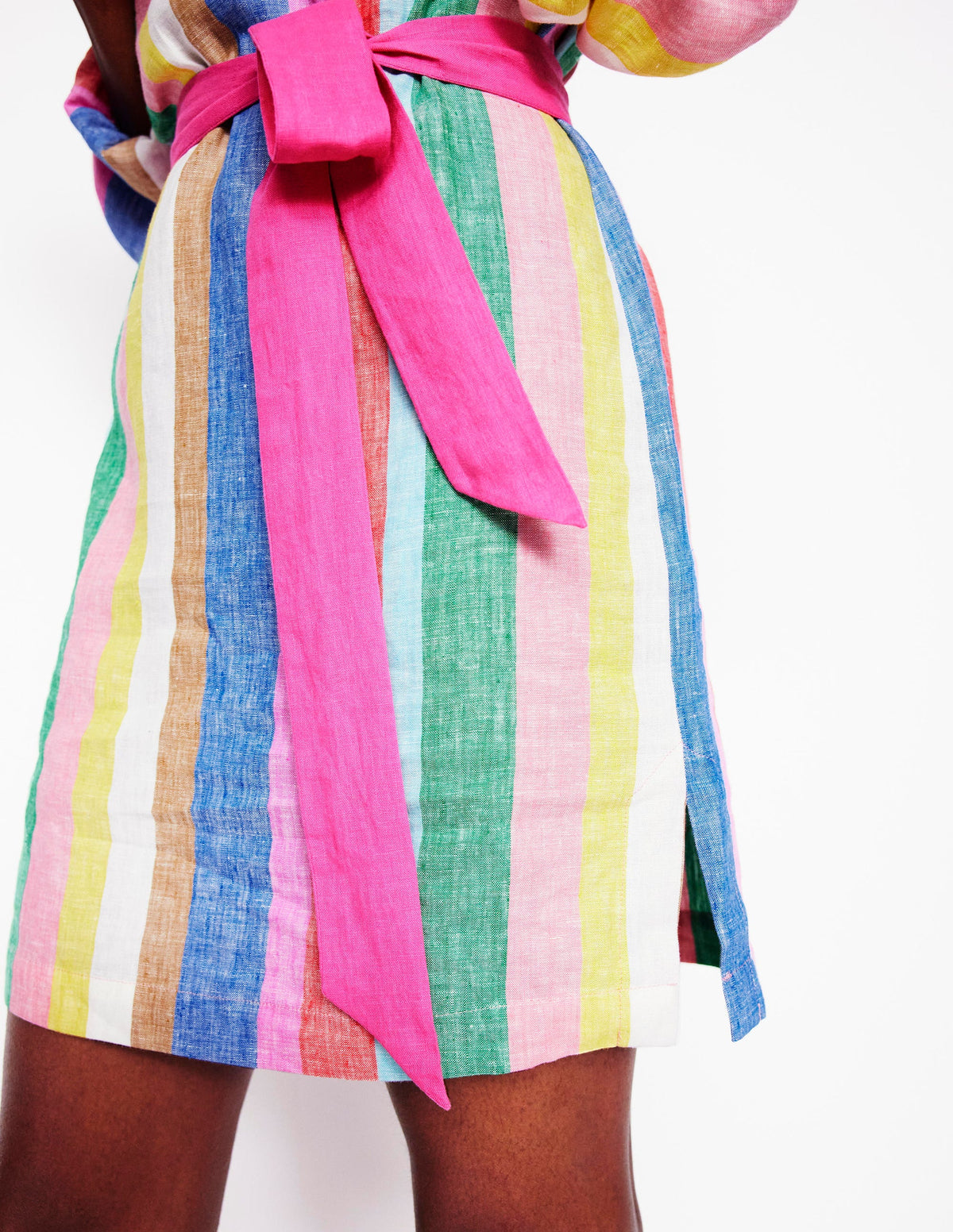 Cleo Linen Tie Waist Dress-Bright Rainbow Stripe - Image 5